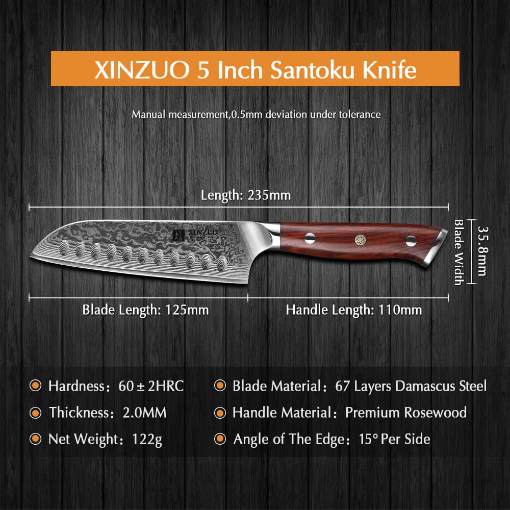 XINZUO YU Series 5 Inch Santoku Damascas Steel Knife