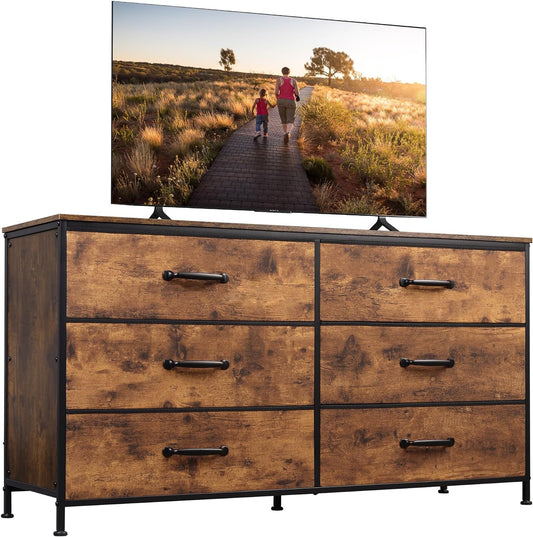 NEW - WLIVE Wide Fabric Dresser, 6 Drawer Dresser TV Stand for 60in TV, Dressers Bedroom Furniture Large Storage Tower Unit with Fabric Bins, Dresser for Bedroom, Closet, Hallway, Rustic Brown - Retail $140