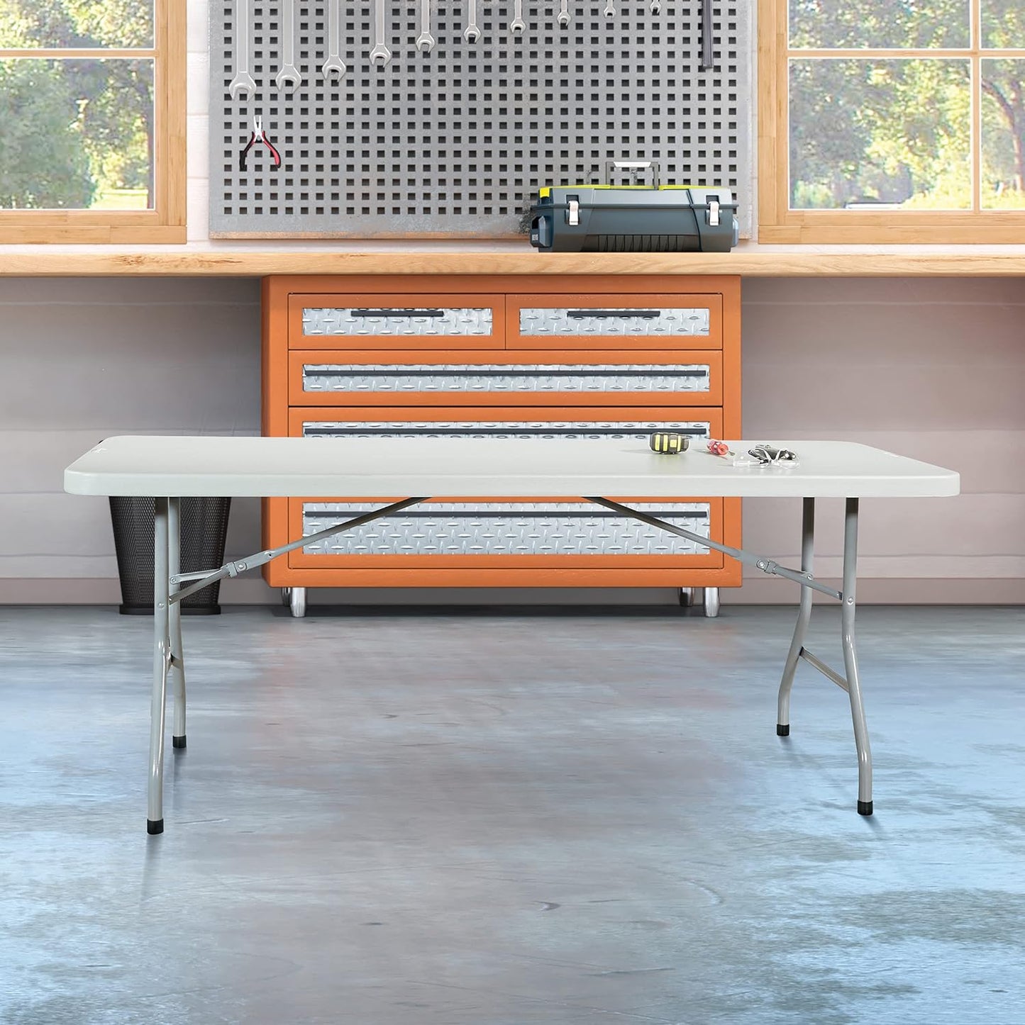 Office Star Resin Multipurpose Rectangle Folding Table for Indoor or Outdoor Use, 6 Feet Light Gray - Retail $181