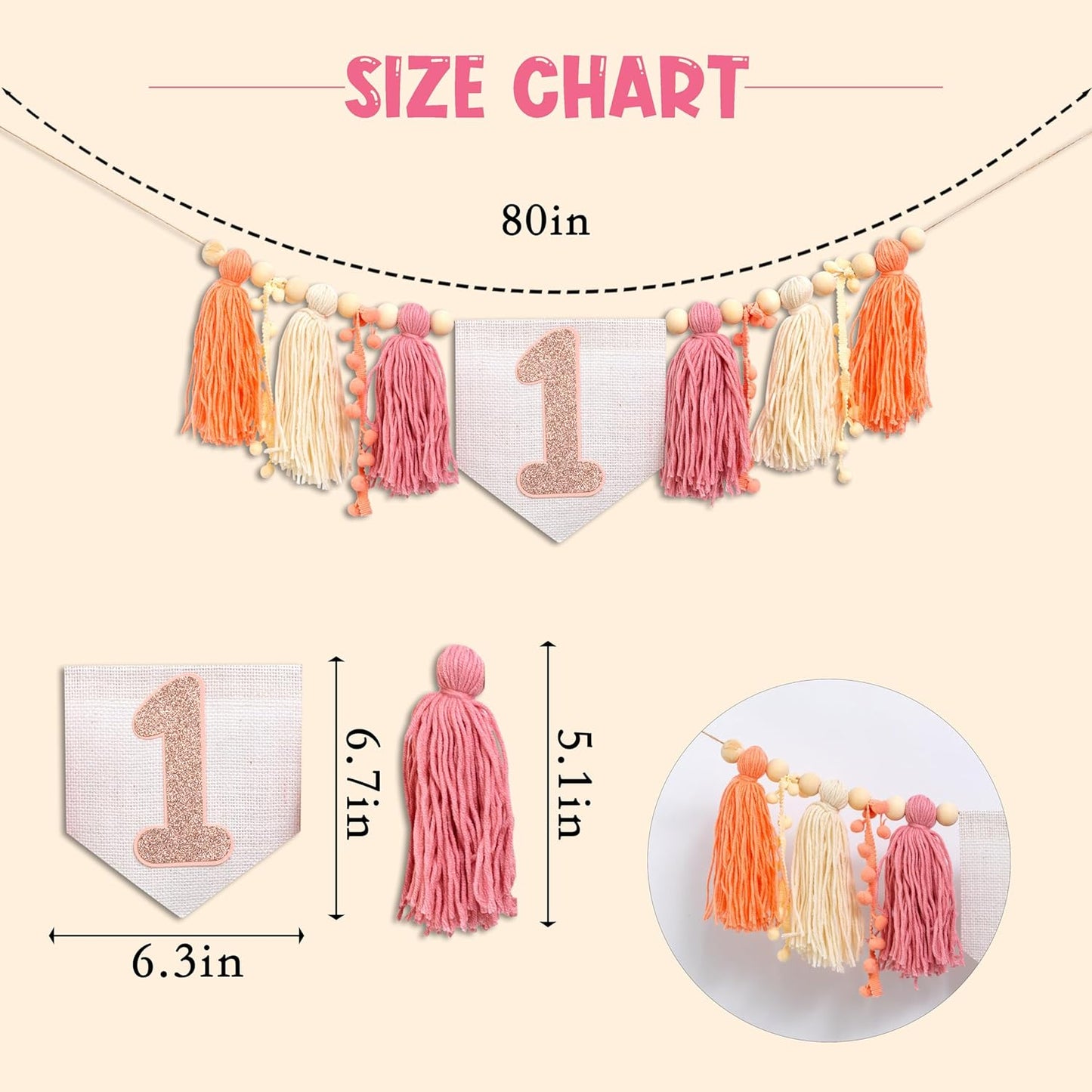 Baby Girl First Birthday High Chair Banner - Pink Tassel Garland,Fairy First Birthday Banner,Wall Hangings Decorative for Kids Photo Props