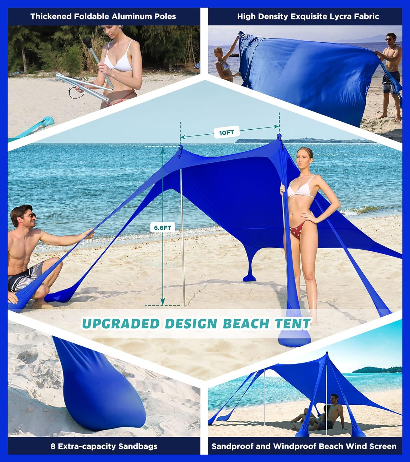 NEW - EYEFAME UPF50+ Anti-Wind Beach Tent, Latest Stable 6 Sandbags Design Pop Up Beach Canopy Sun Shade with Carrying Bag, Portable Easy Assemble Sun Shelter for Outdoor Camping Trips, Fishing, Picnics - Retail $92