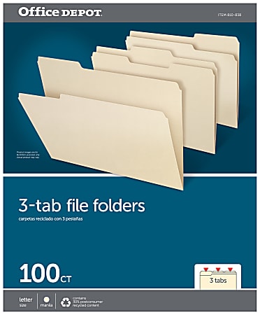 Office Depot® Brand File Folders, 1/3 Cut, Letter Size, 30% Recycled, Manila, Pack Of 100 Folders - Retail $17