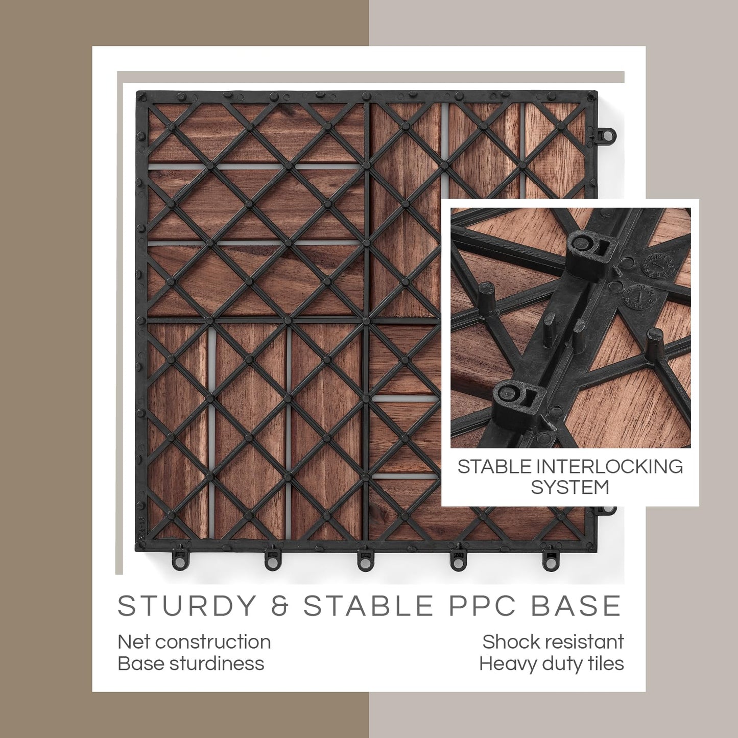 Set 10 Premium Deck Tiles, Interlocking Deck Tile, Wooden Patio Flooring Outdoor Waterproof, Acacia Wood Decking All Weather for Balcony Indoor and Outdoor Use (Dark Brown, Round Joints)