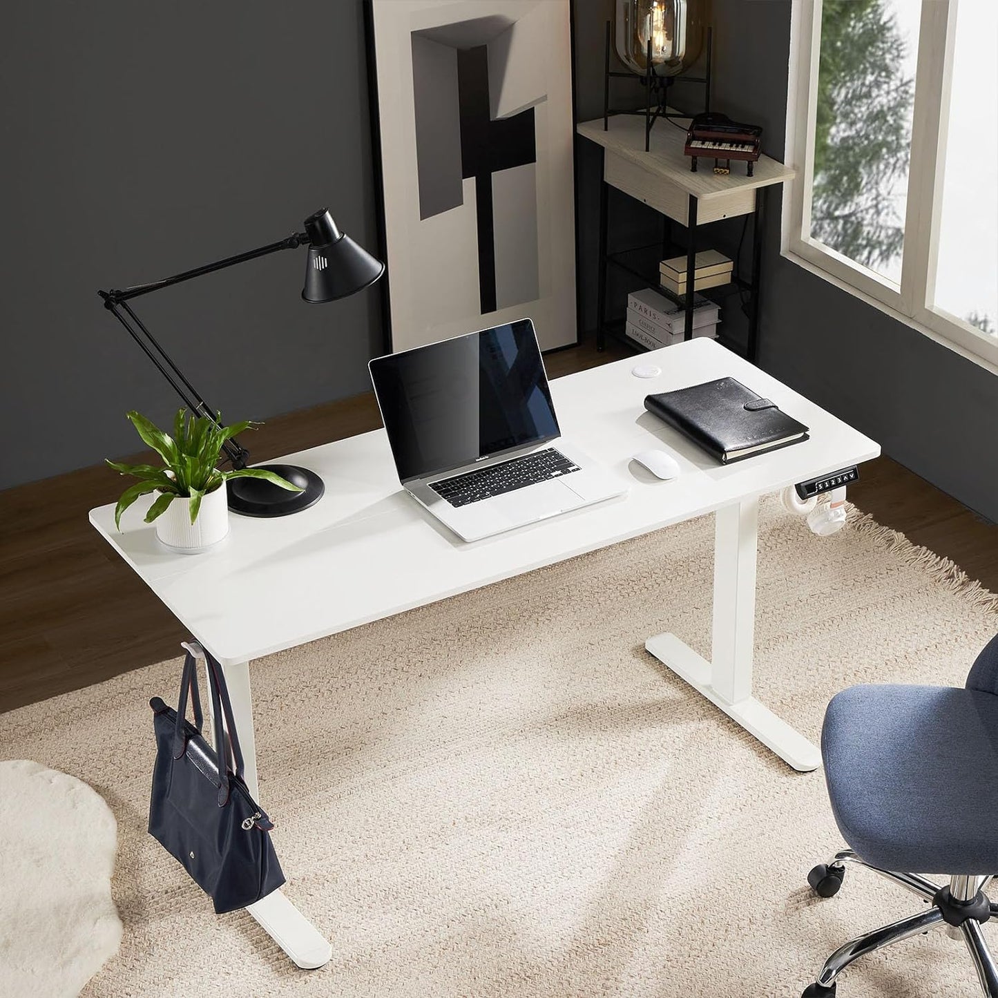 Sweetcrispy Electric Standing Desk - 55 x 24 inch Adjustable Height Sit to Stand Up Desk with Splice Board, Rising Home Office Computer Table with 2 Hook and Wire Hole for Work - Retail $139