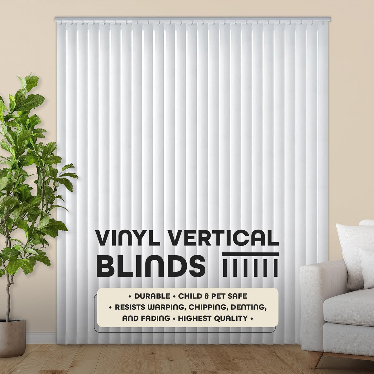 Vertical Hard Window Patio Blinds - White, 84" L x 78" W Plain & 3-1/2-Inch Vane - Easy Installation for All Patio Doors, Hardware Included - Aluminum Track for Durability, Anti-Static Slats