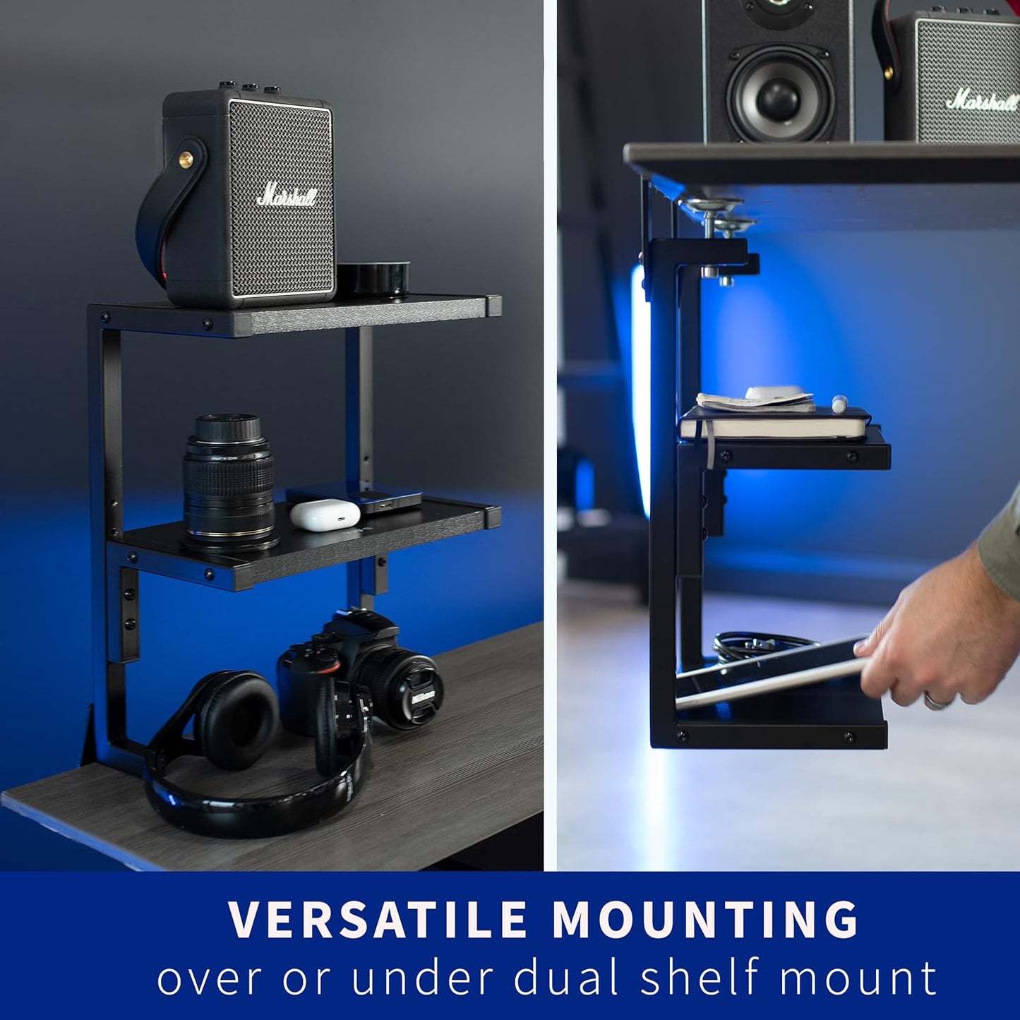 VIVO Clamp-on 13 inch Above or Below Desk 2-Tier Shelving Unit for Table Accessories, Gaming Devices, and More, Storage Tray, Desktop Organizer, Black, STAND-SHELF2C - Retail $40