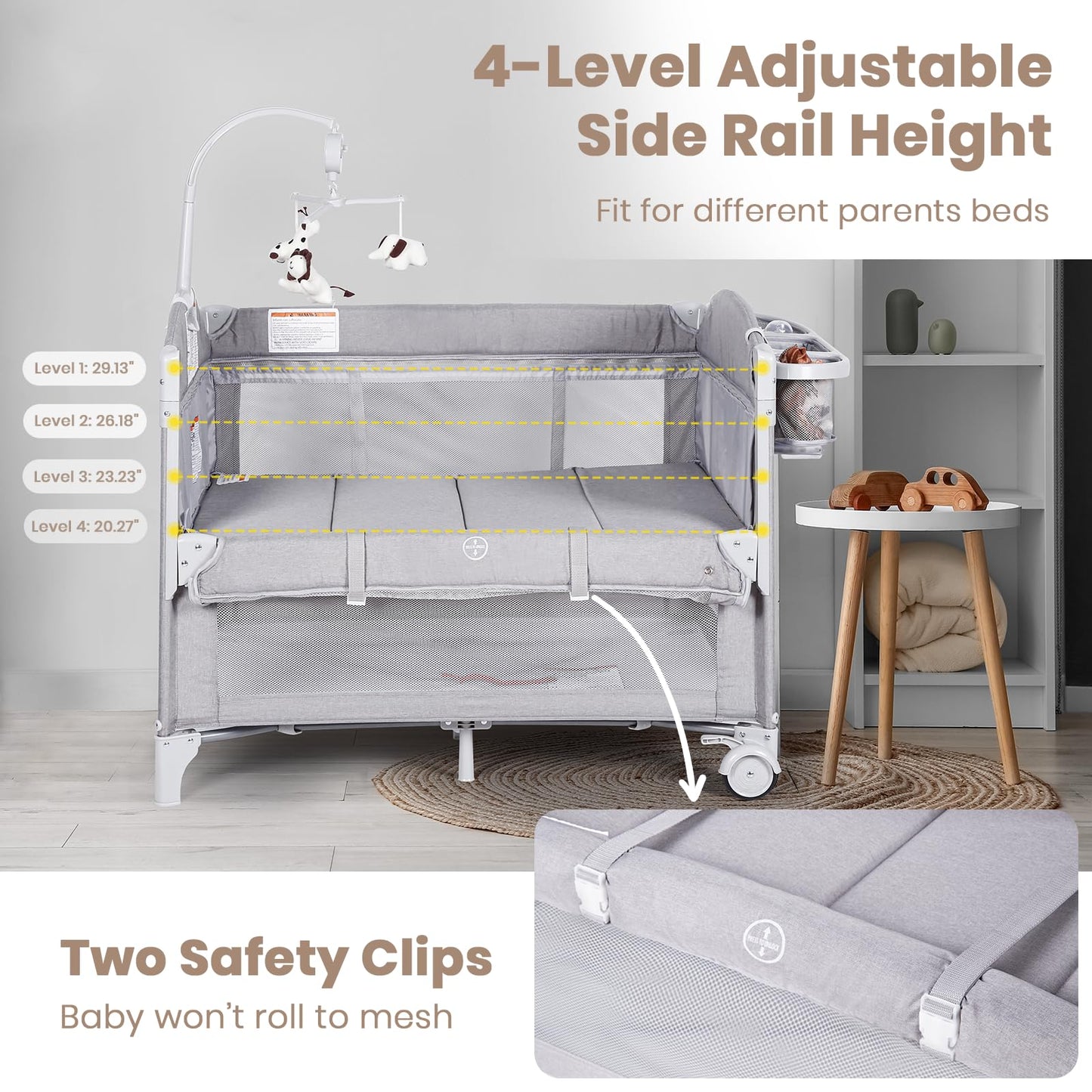 Baby Bassinets Bedside Sleeper, 4 in 1 Portable Bedside Crib w/Mattress, Diaper Changer, Storage Basket, Music Box, Carry Bag, Foldable Playard Sleeper for Newborn (Light Gray)