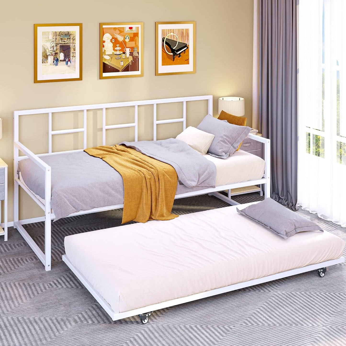 NEW - YITAHOME Twin Daybed with Pull Out Trundle/Steel Slat Support/Space Saving Adjustable Height Trundle Bed and Multi-Functional Furniture for Living Room and Guest Room, White - Retail $209