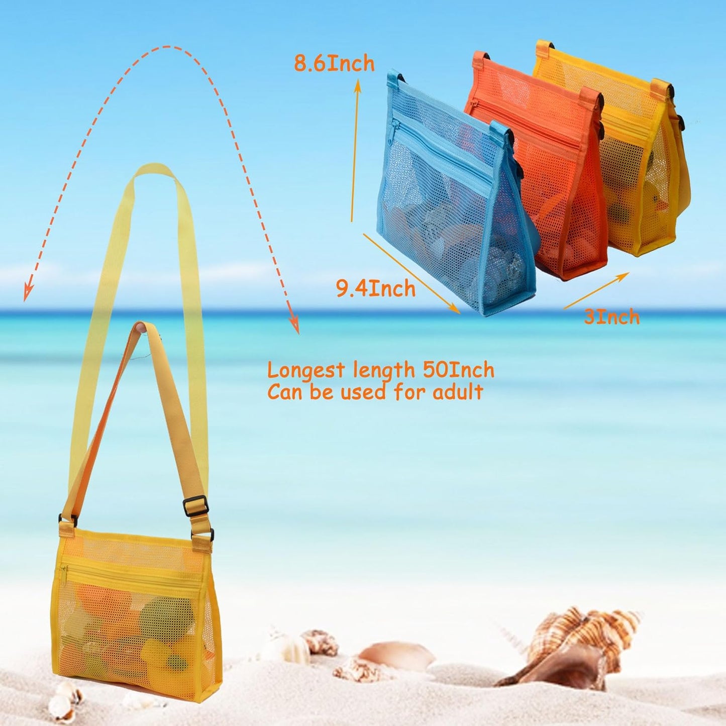 Mesh Bag for Holding Beach Shell,Toys (Blue&Yellow&Orange 3pack) Shell Collecting Bags for Kids, for Picking Up Shells