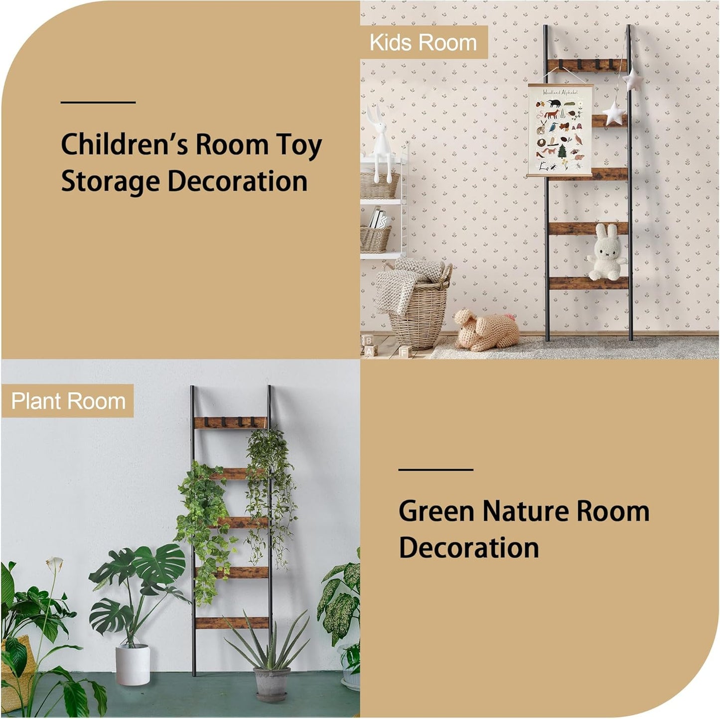 Blanket Ladder, 5-Tier Towel Holder with 4 Removable Hooks, Farmhouse Wall Leaning Decorative Rack Shelf, Wooden Towel Display Rack, Quilt Ladder for Living Room, Bedroom, Rustic Brown