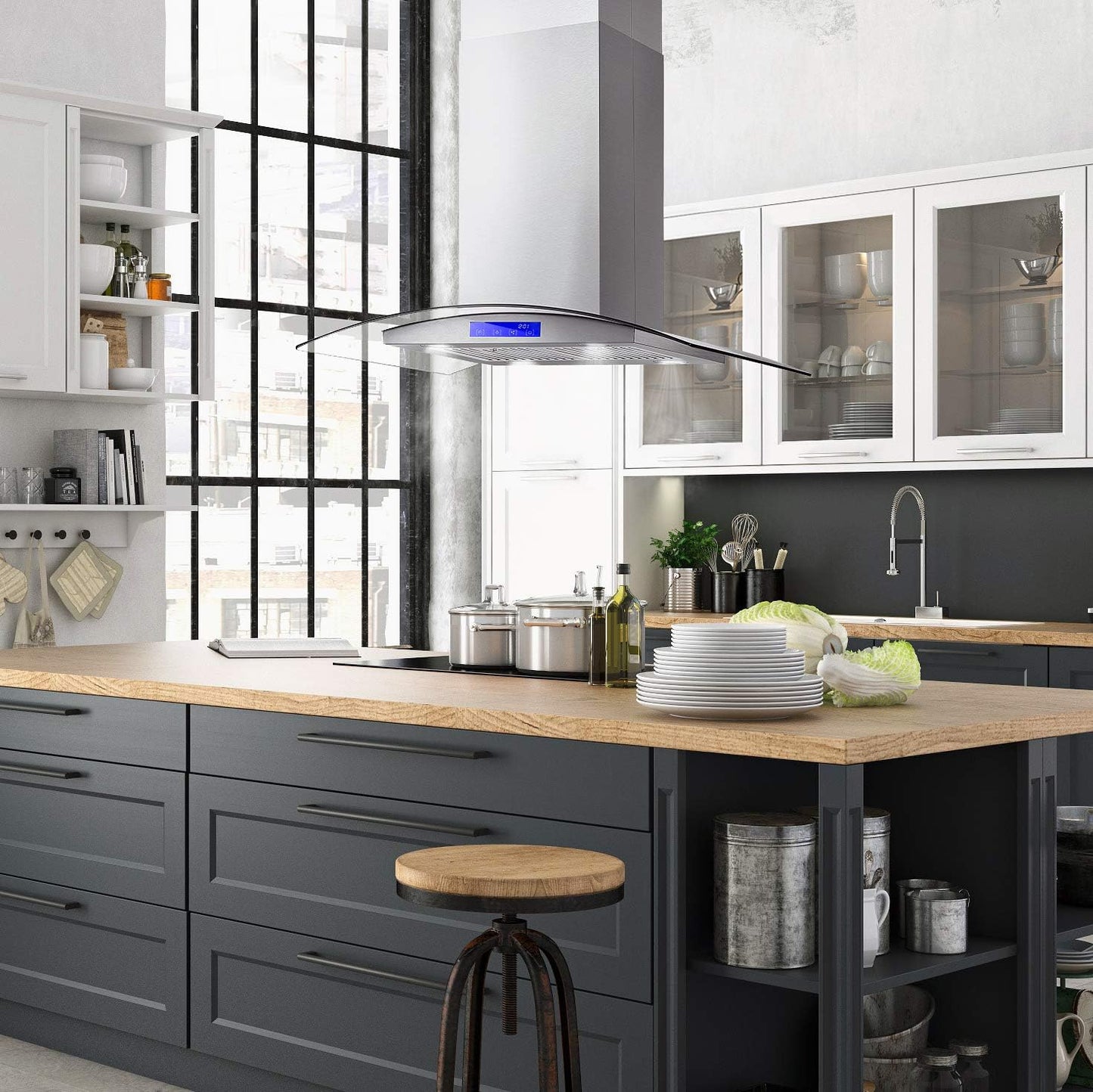 NEW w/ dmg - COSMO 668ICS900 36 in. Island Range Hood with 380 CFM, 3 Speeds, Ducted, Permanent Filters, Soft Touch Controls, LED Lights, Curved Glass Hood in Stainless Steel - Retail $359