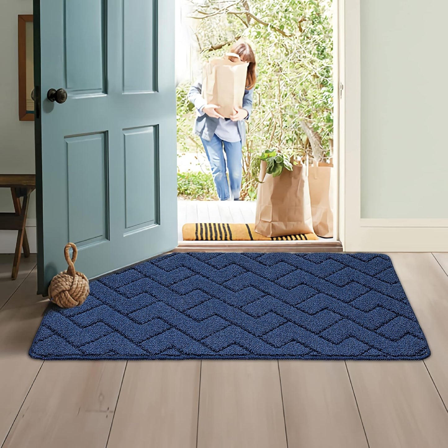 Walensee Indoor Doormat, Front Door Mat for Entrance (24"x35" Navy Blue) Machine Washable Entryway Rug, Non Slip Trapper Door Rugs Absorbent Dirt Low Profile Shoes Scraper Inside Floor Mats for Entry