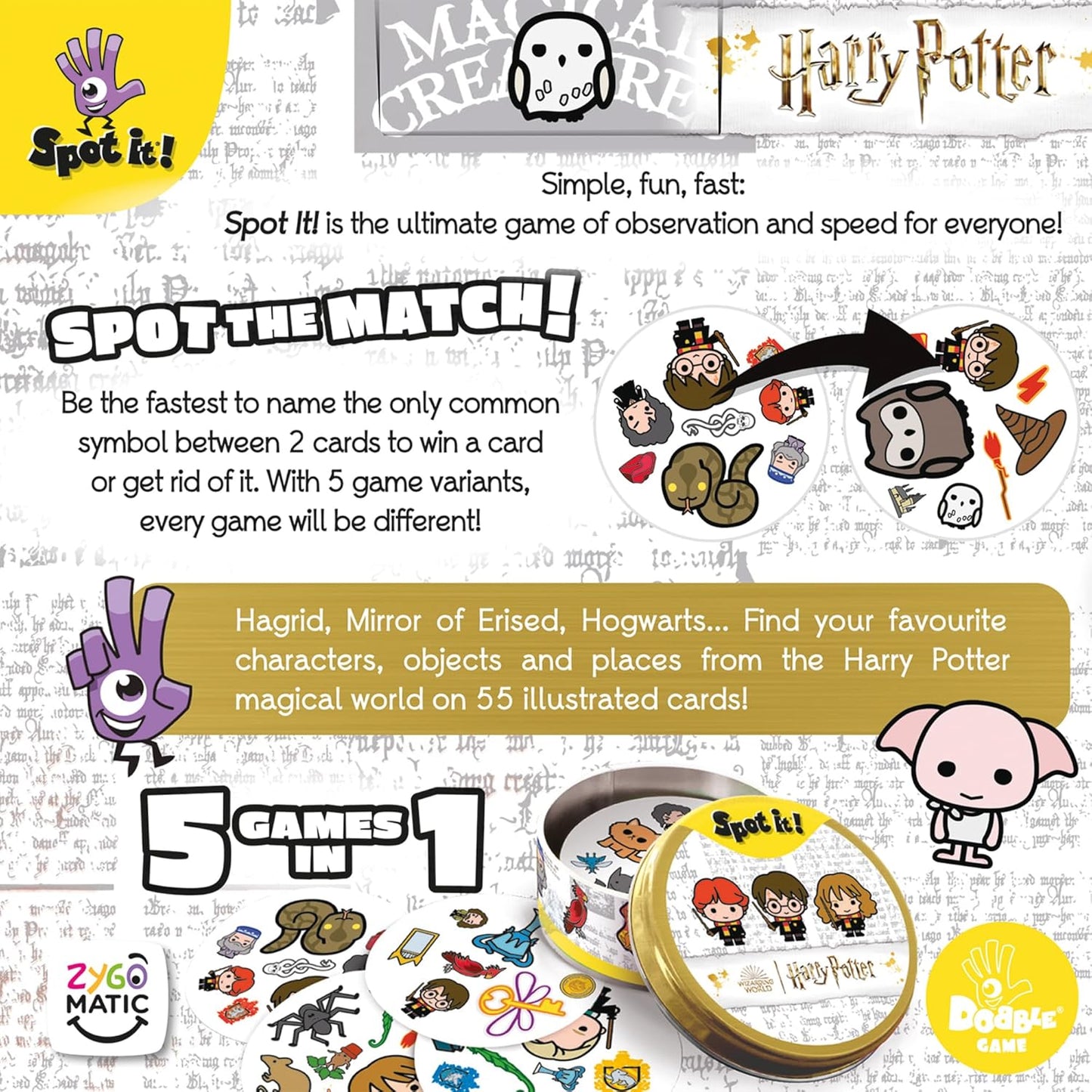 Zygomatic Spot It! Harry Potter (Eco-Blister) - Magical Wizarding World Card Game for Families! Fun Matching Game for Kids and Adults, Ages 6+, 2-8 Players, 15 Minute Playtime, Made