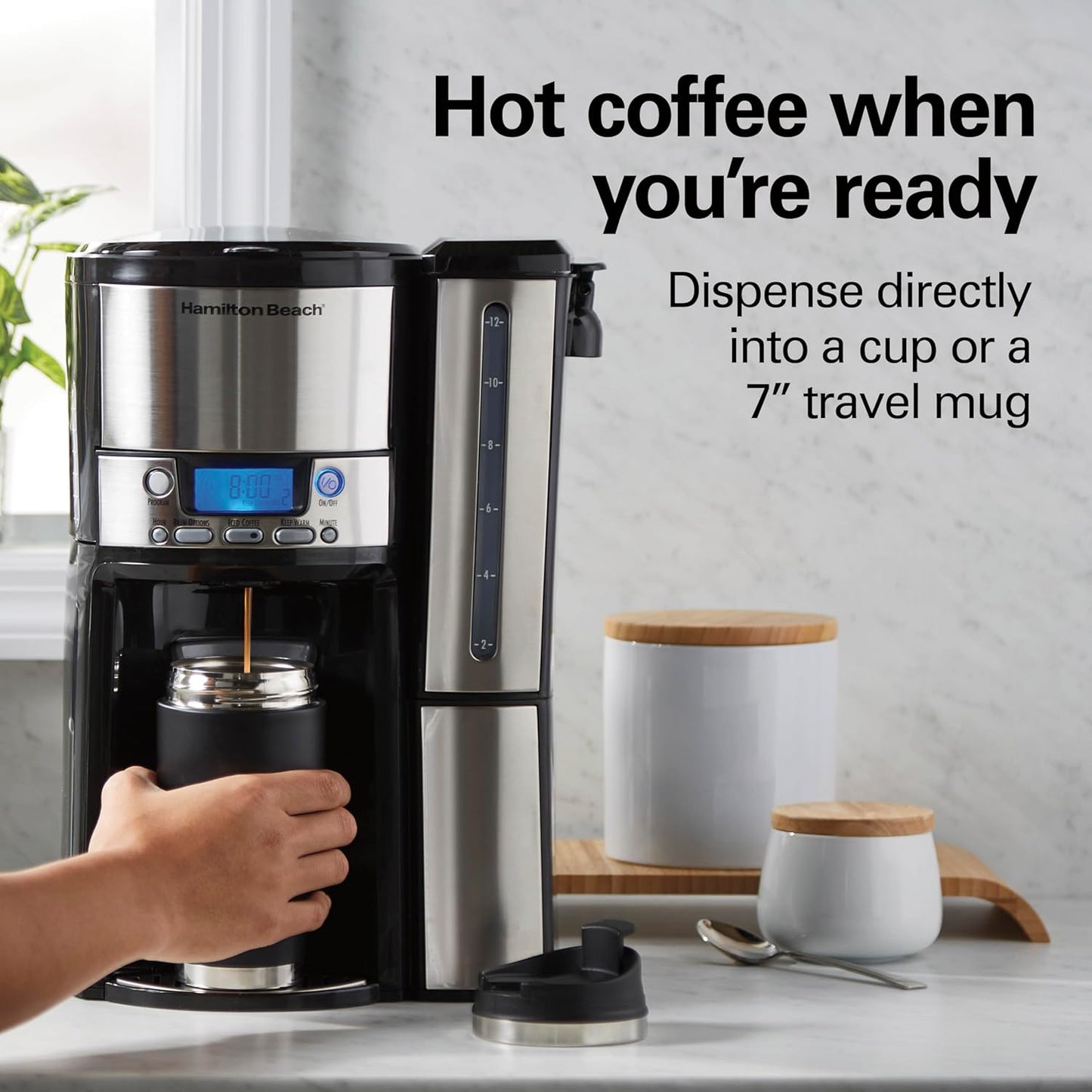 NEW - Hamilton Beach One Press Programmable Dispensing Drip Coffee Maker with 12 Cup Internal Brew Pot, Water Reservoir, Black and Silver (47950) - Retail $52