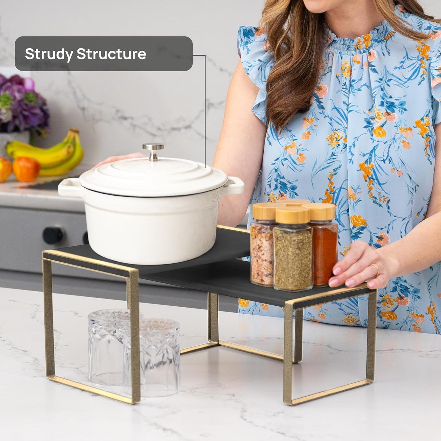 Ibyx Premium Kitchen Cabinet Organizer Shelf - Set of 3 Kitchen Counter Shelves - Stackable Shelf Racks for Cabinets - Metal Frame & Engineered Wood (Black Wood, Gold Frame)