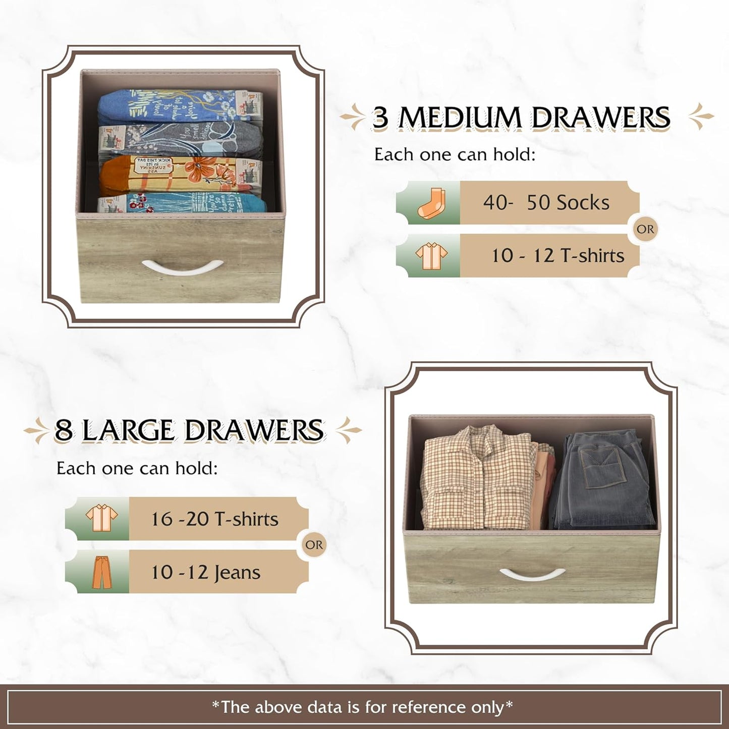 NEW - WLIVE 11-Drawer Dresser, Fabric Storage Tower for Bedroom, Hallway, Closets, Tall Chest Organizer Unit with Textured Print Fabric Bins, Steel Frame, Wood Top, Easy Pull Handle, Greige Oak - Retail $86