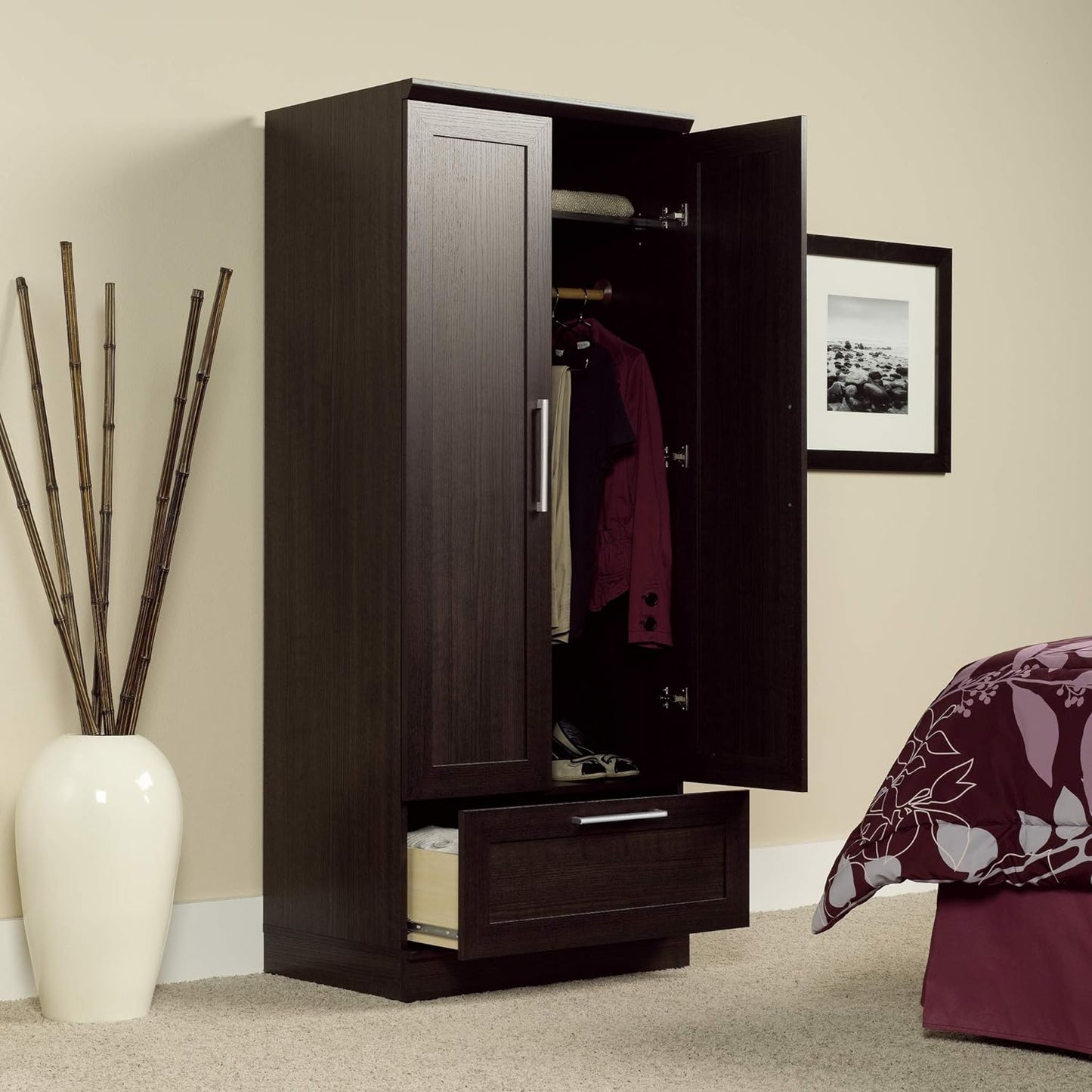 New w/ Dmg - Sauder HomePlus Wardrobe/Pantry cabinets, L: 28.98" x W: 20.95" x H: 71.18", Dakota Oak finish - Retail $211