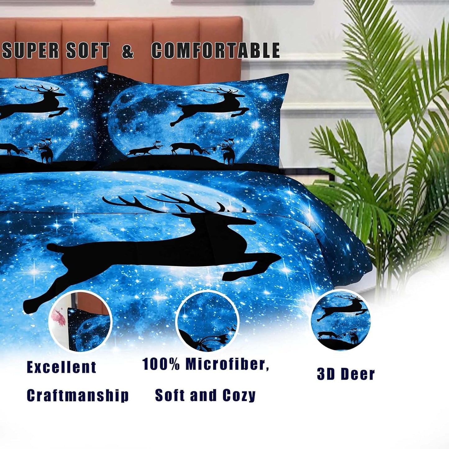 NEW - NINENINE QUEEN Galaxy Deer Comforter, Blue Moonlight Bedding Sets,Outer Space Bedding Set with 1 Comforter 2 Pillowcases