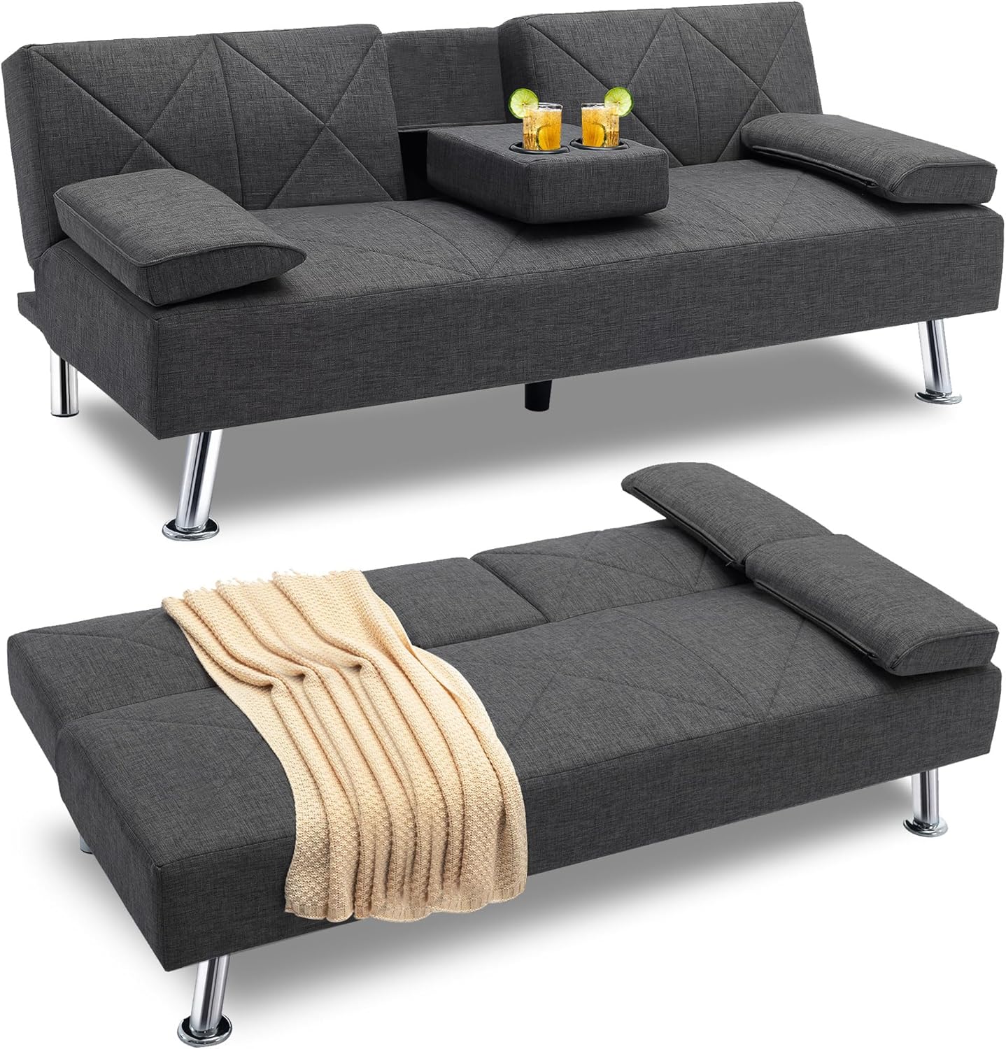 NEW - VECELO Modern Convertible Folding Futon Sofa Bed with Removable Armrests Breathable Linen Recliner Couch for Living Room/Apartment Lounge, 2 Cup Holders, Dark Grey - Retail $199