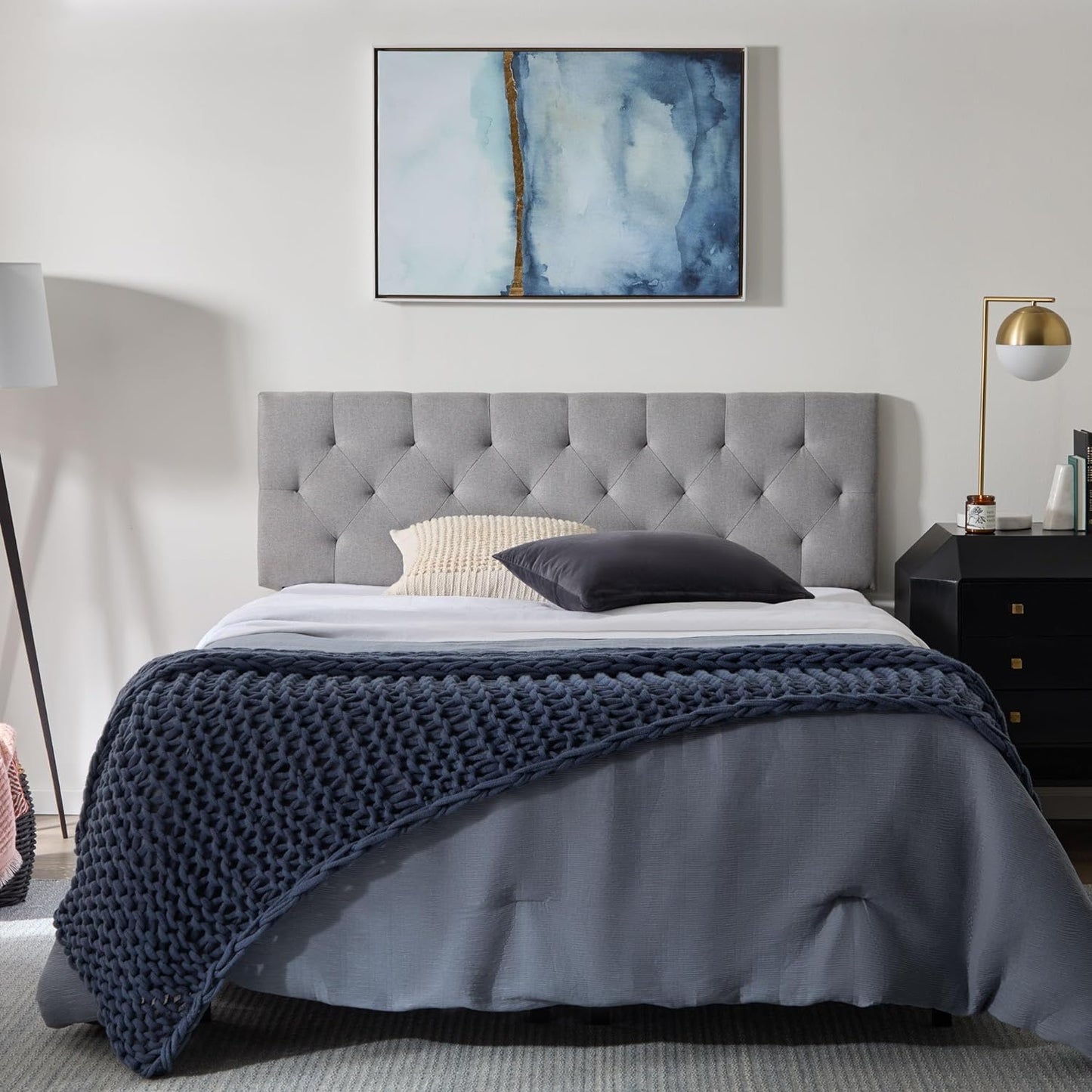 NEW - LUCID Mid-Rise QUEEN Upholstered Headboard - Diamond Tufted - Padded Polyester - Adjustable Height from 34 Inch to 46 Inch - Easy Assembly - Bed Frame or Wall Mount - Sturdy - Stone