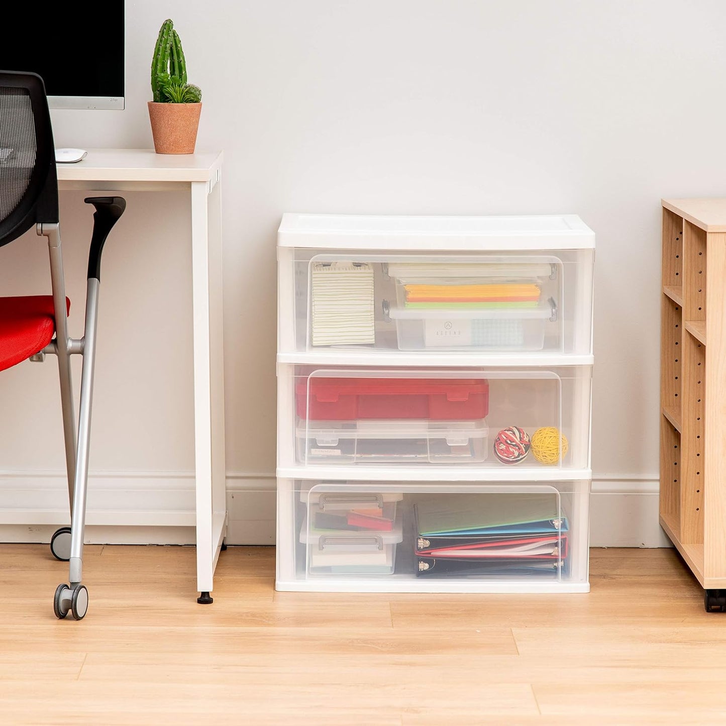 IRIS USA Plastic Drawer Storage Organizer Rolling Cart, with Wheels Casters, 3-Drawers, for Art Craft Supplies Bathroom Dorm Bedroom Laundry Room, Wide, White