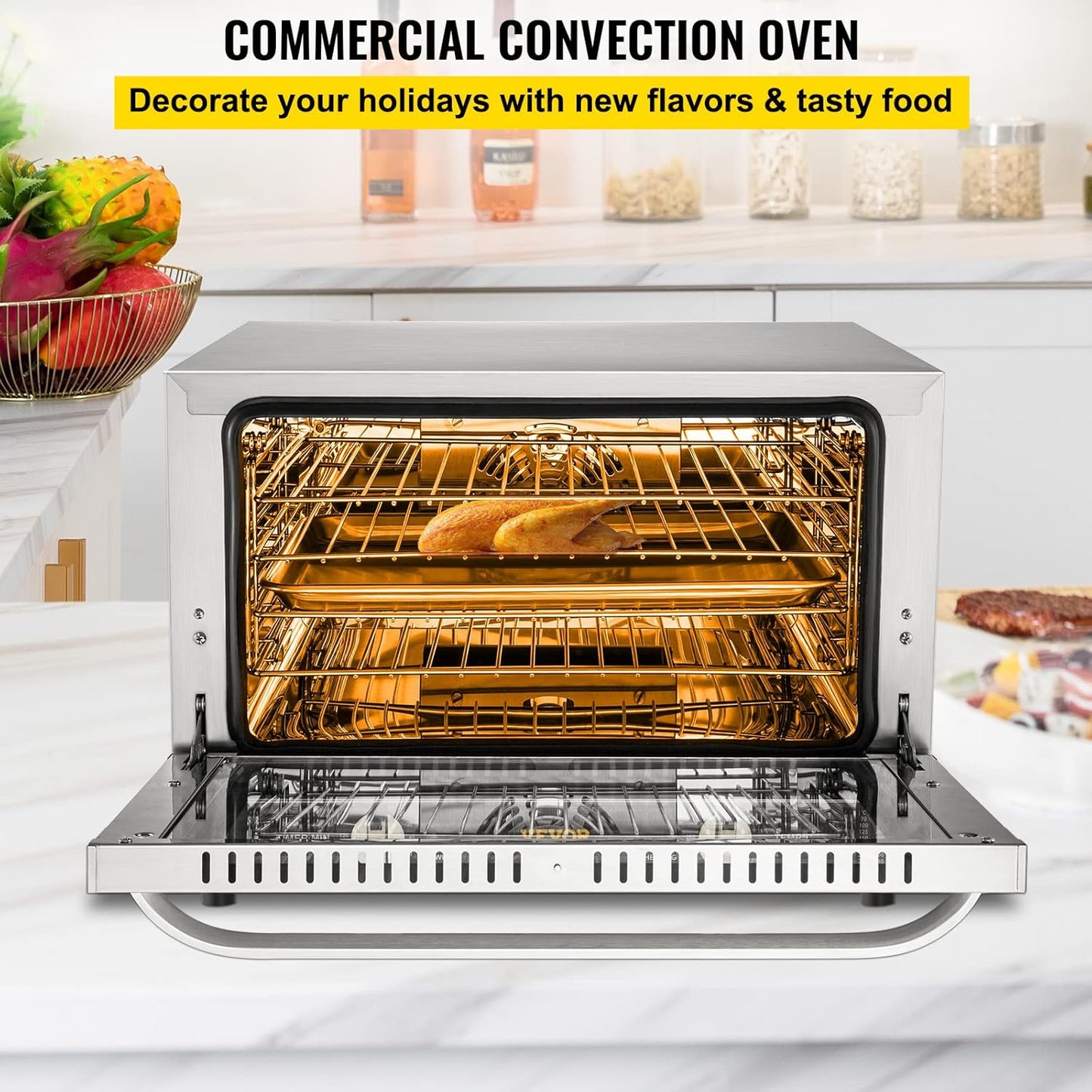 NEW - VEVOR Commercial Convection Oven, 47L, 1600W, 4-Tier Design, Glass Door, Countertop Size, Includes Racks & Trays