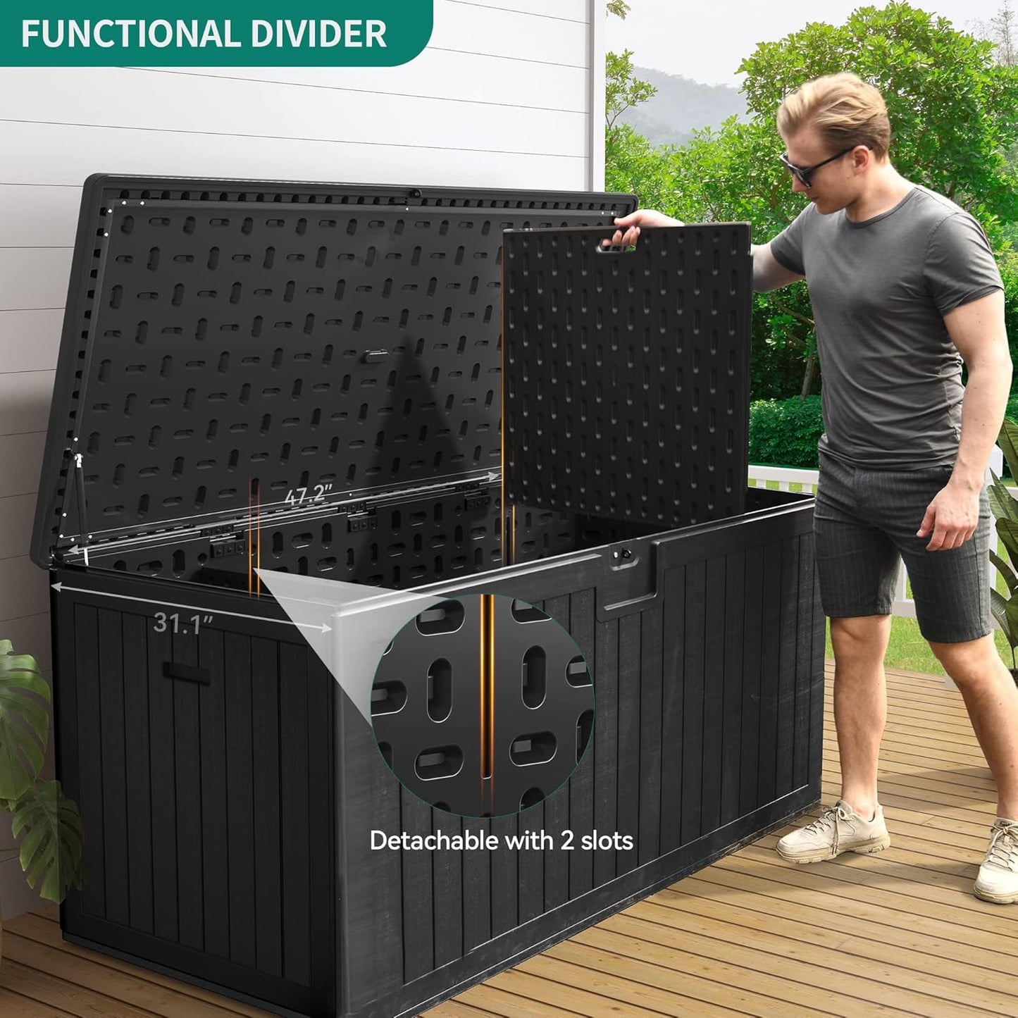 YITAHOME XXL 230 Gallon Large Deck Box,Outdoor Storage for Patio Furniture Cushions,Garden Tools with Flexible Divider,Waterproof,Lockable (Black) - Retail $349