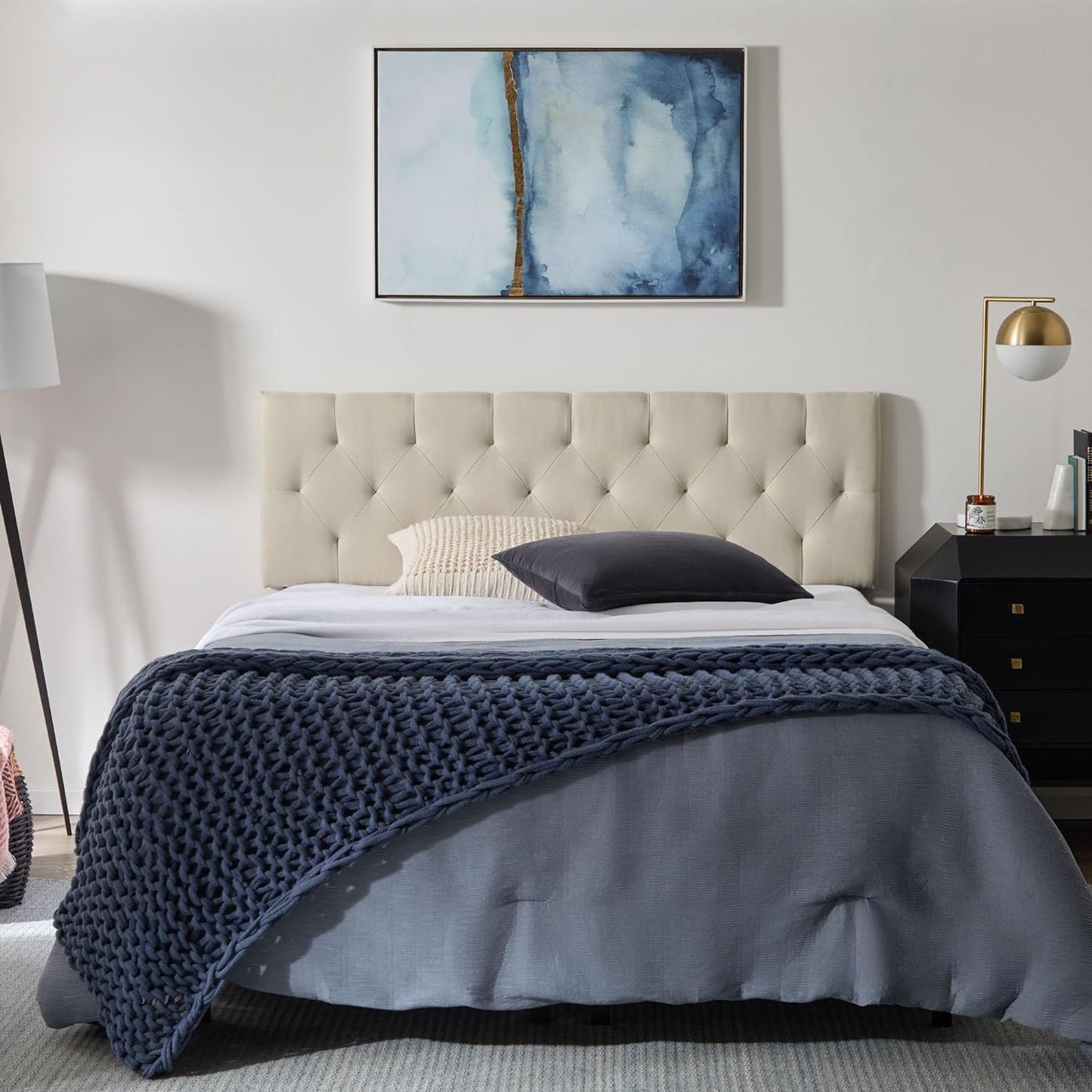 NEW - LUCID QUEEN Mid-Rise Upholstered Headboard - Diamond Tufted - Padded Polyester - Adjustable Height- Easy Assembly - Bed Frame or Wall Mount - Sturdy - Pearl - Queen Size - Retail $99