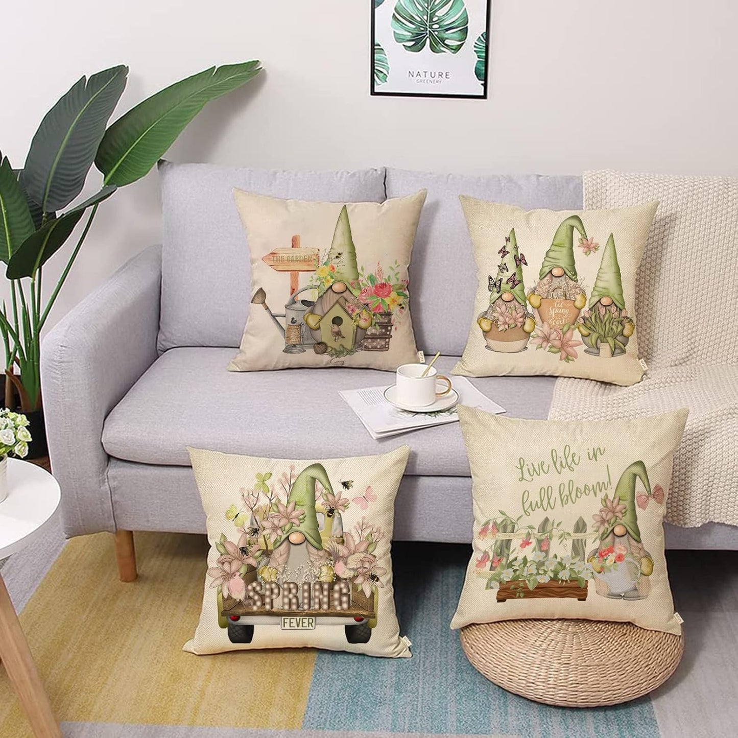Spring Fever Gardening Gnome Truck Decorative Throw Pillow Cover 20x20 Set of 4, Lily Flowers Bee Bird House Watering Can Home Decors, Butterfly Green Birdhouse Rustic Decoration Floral Farmhouse