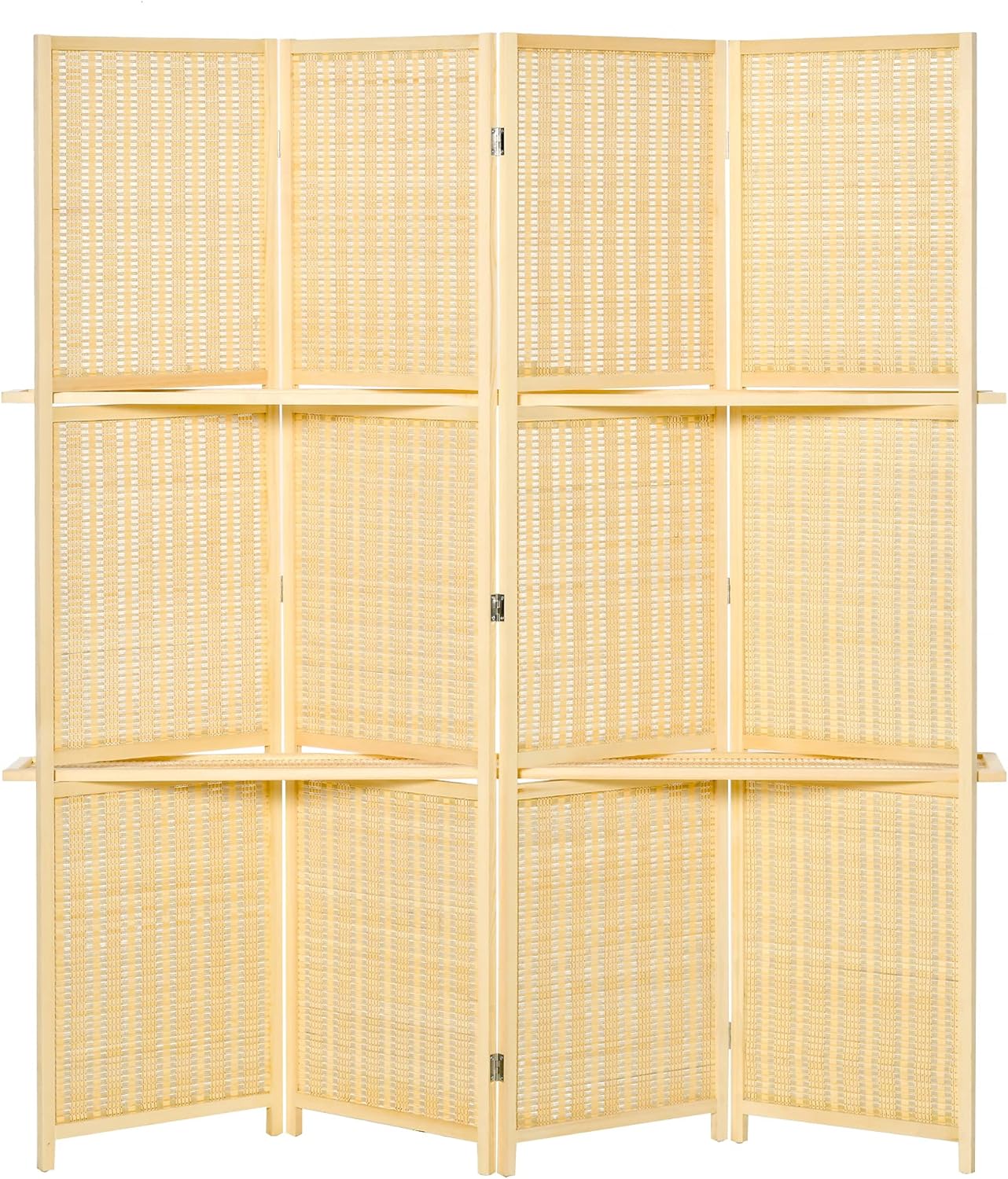 NEW - HOMCOM 4-Panel Bamboo Room Divider, 6 Ft Folding Privacy Screen with 2 Display Shelves for Bedroom and Office, Natural - Retail $111