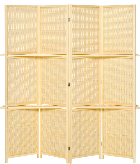 NEW - HOMCOM 4-Panel Bamboo Room Divider, 6 Ft Folding Privacy Screen with 2 Display Shelves for Bedroom and Office, Natural - Retail $111