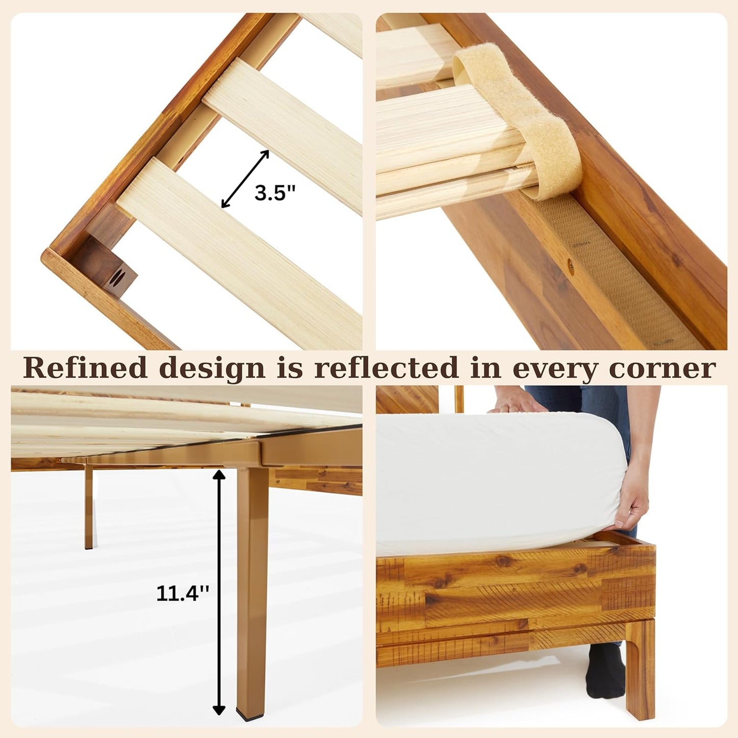 NEW - Bme Vivian King 14 Inch Deluxe Bed Frame with Headboard, Rustic & Scandinavian Style with Solid Acacia Wood, No Box Spring Needed, 12 Strong Wood Slat Support, Easy Assembly, King, Rustic Golden Brown - Retail $400