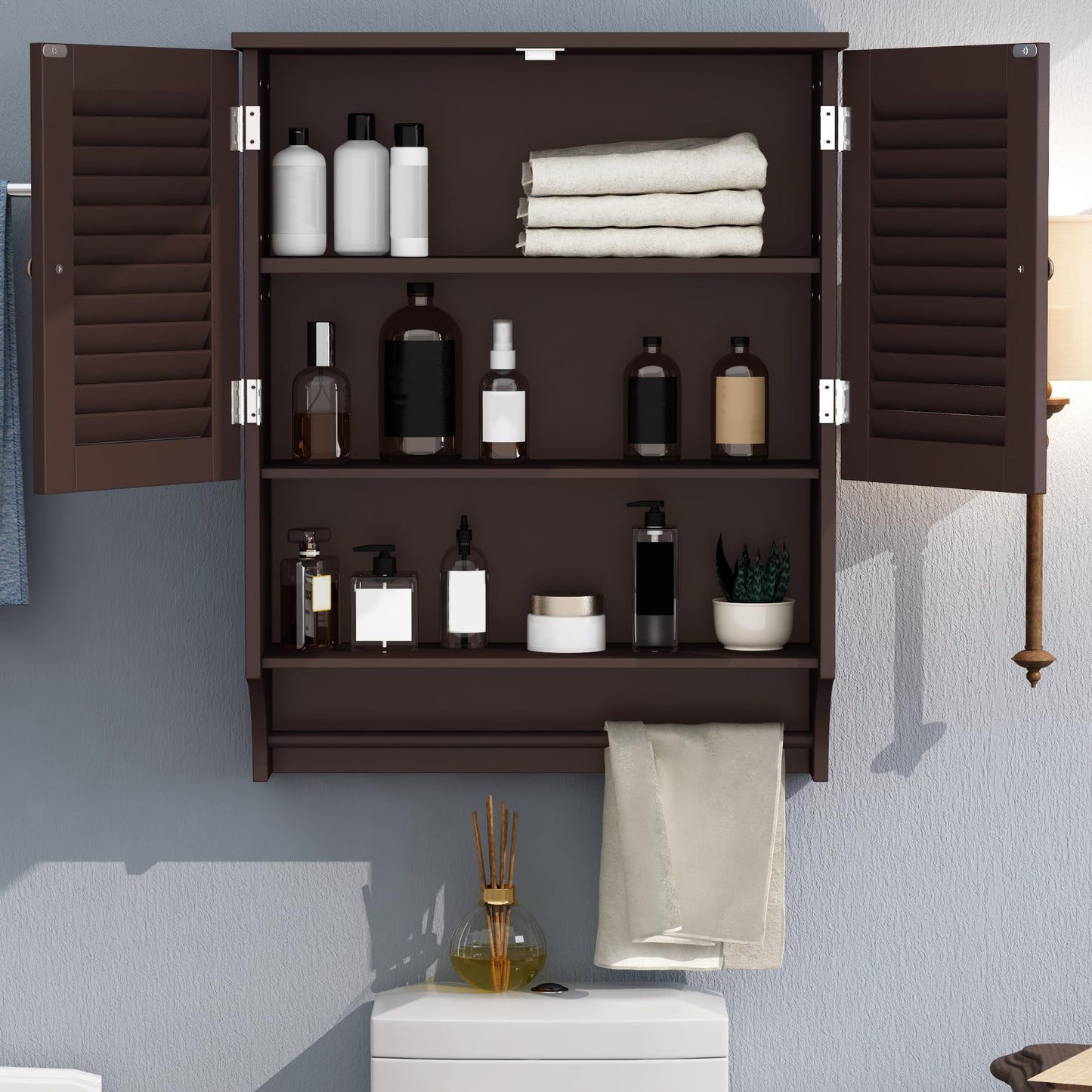 ChooChoo Bathroom Wall Cabinet with Towels Bar, 23.6" L x8.9 W x29.3 H MDF Material Medicine Cabinet, 2 Doors Over The Toilet Space Saver Storage Cabinet with Large Space, Espresso