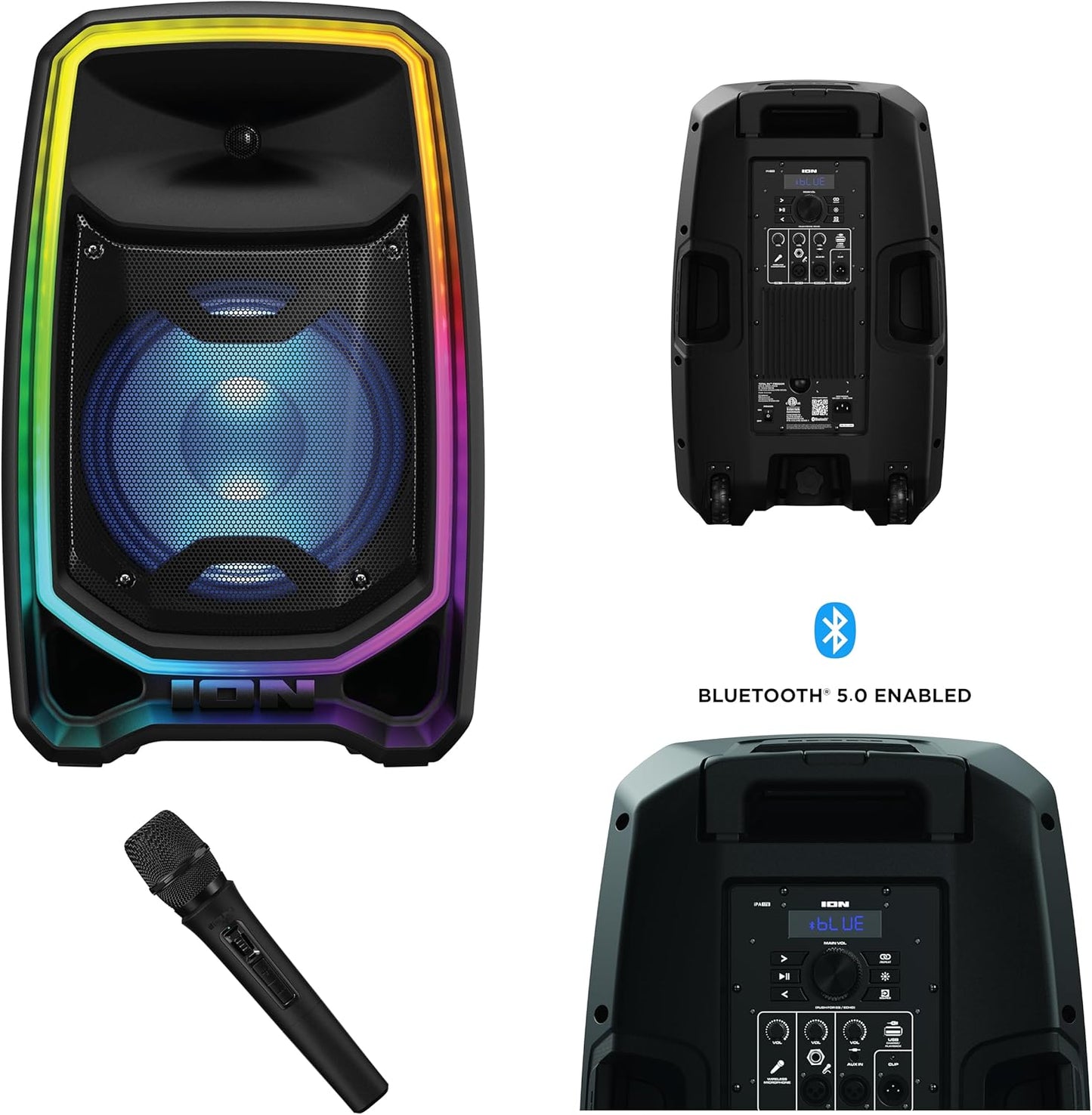 ION Total PA Freedom High-Power Speaker System with 650-Watt Sound, Wireless Microphone, Bluetooth, Ultimate Bass, Integrated Mixer and Edge-Glow Lights