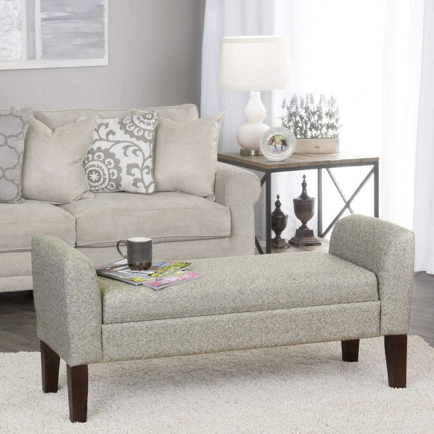 NEW - HomePop Tara Upholstered Storage Settee Bench with Hinged Lid, Grey - Retail $172