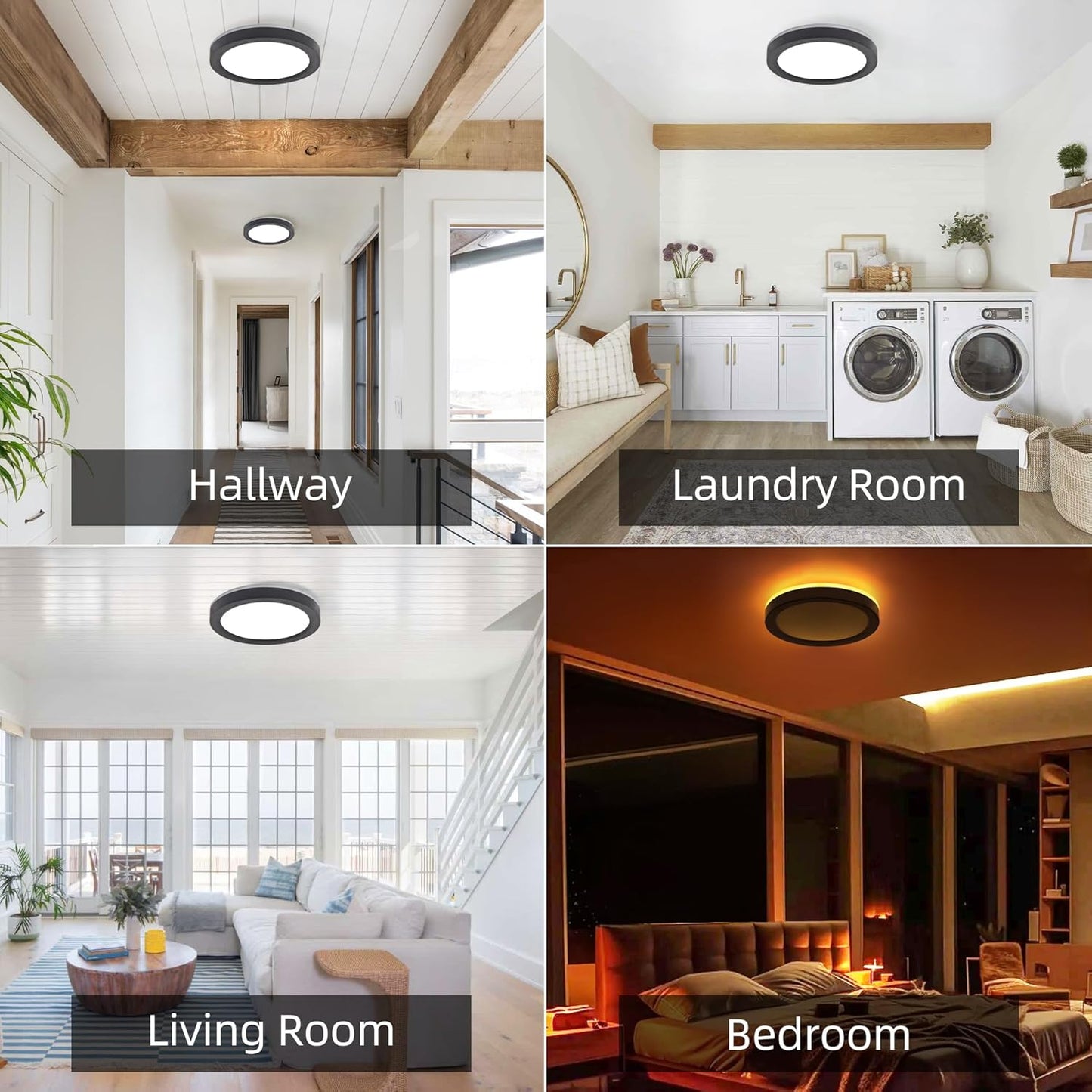 Hlite 7.5 Inch Flush Mount LED Ceiling Light with Night Light, CRI90, 15W, 1500 LM, 3000K/4000K/5000K Selectable, Flat Round LED Ceiling Light, Dimmable Bedroom Lights for Ceiling, Black(1Pack)