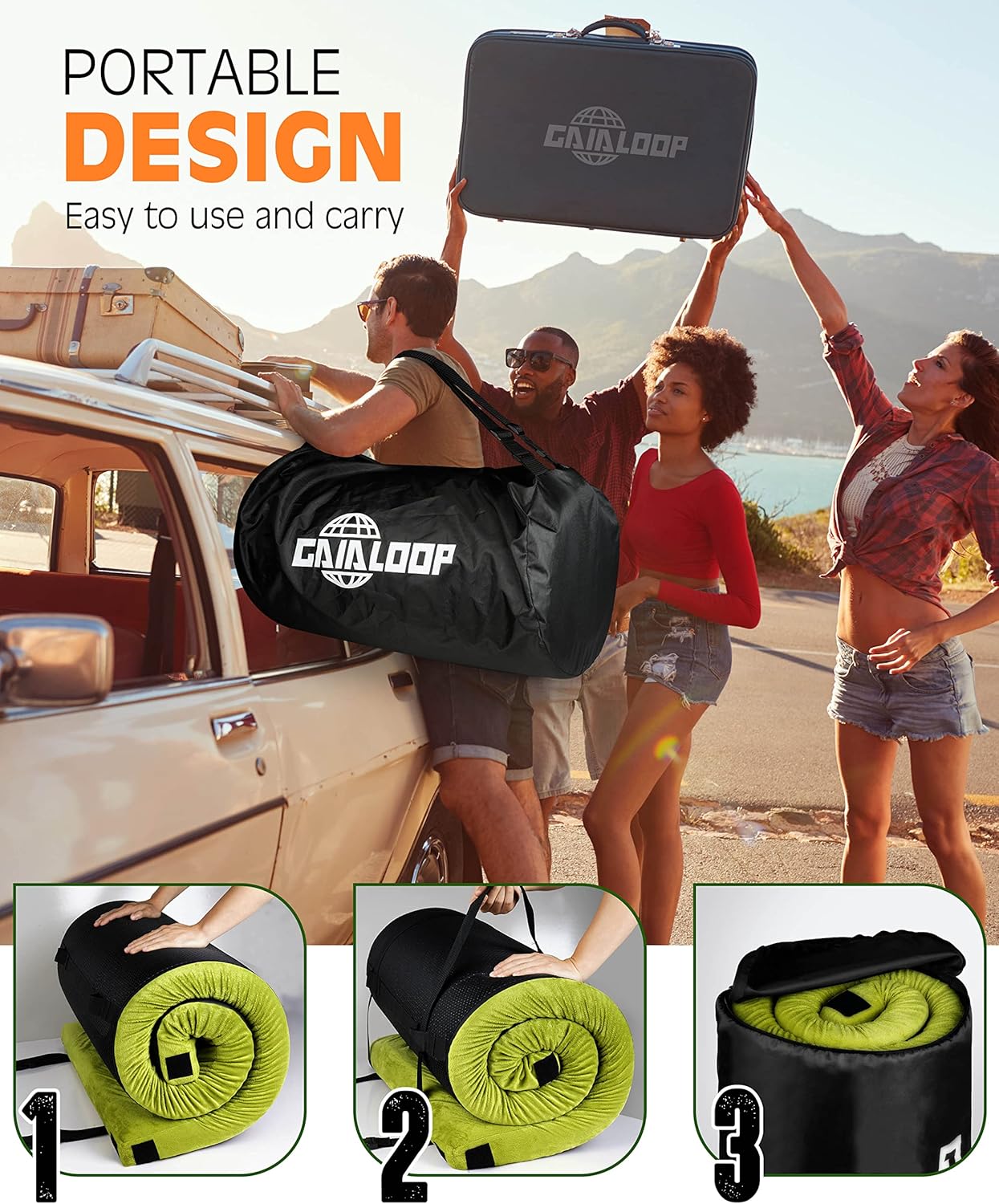 GAIALOOP 3 Inch 75" x 30" x 3" Thick Memory Foam Camping Mattress Sleeping Pad