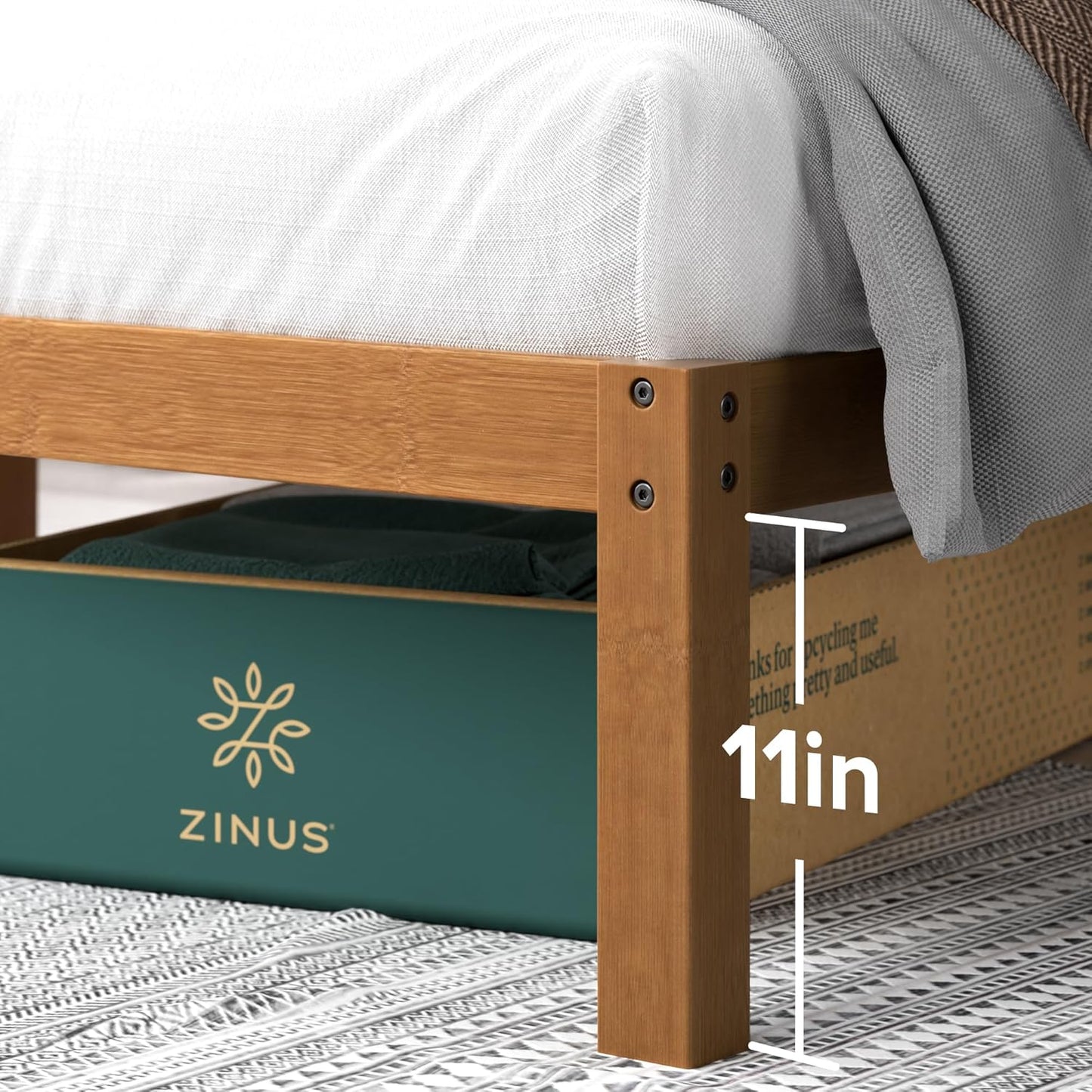 NEW - Zinus Leah Bamboo Platform Bed Frame, No Box Spring Needed, Wood Slat Support, Easy Assembly, Queen - Retail $149