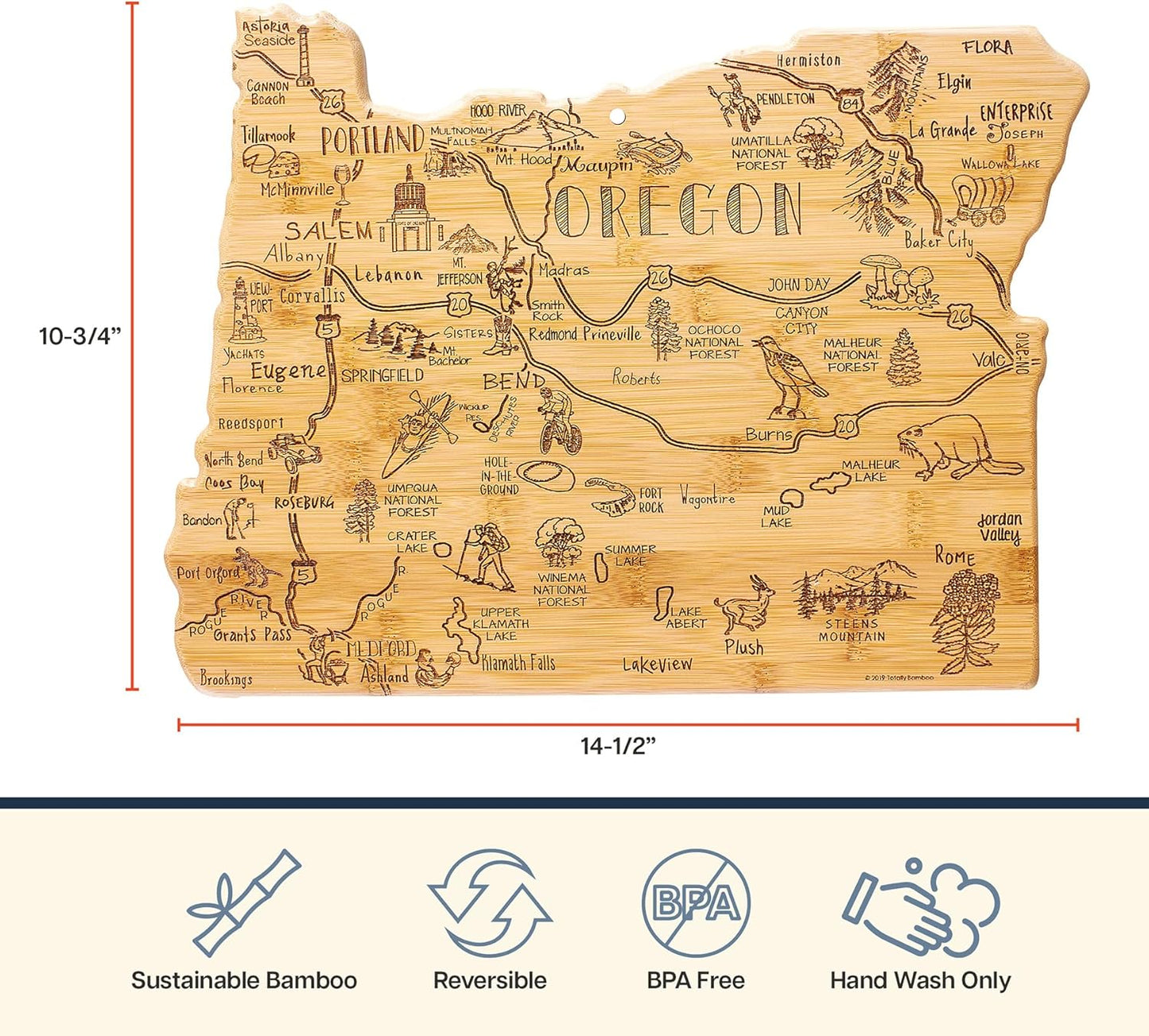 Totally Bamboo Destination Oregon State Shaped Cutting Board, Charcuterie and Cheese Serving Board – Oregon Gift for Home Décor or Everyday Kitchen Use