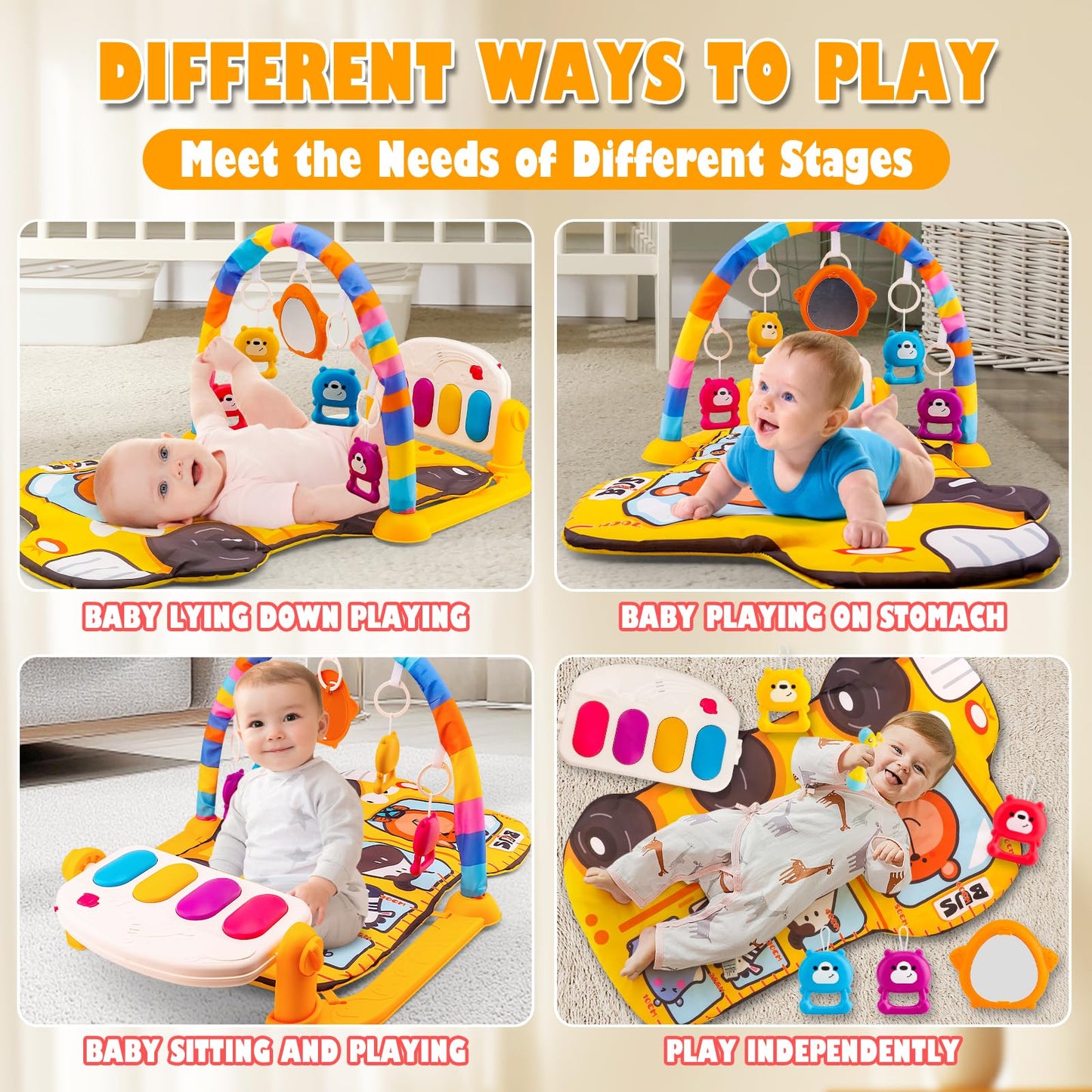 Cartoon Bus Theme Baby Piano mat Kick and Play Gym playmat,Baby Play mat Tummy time mat Fitness Piano with Music and Lights (Bus Baby Play mat(Yellow))