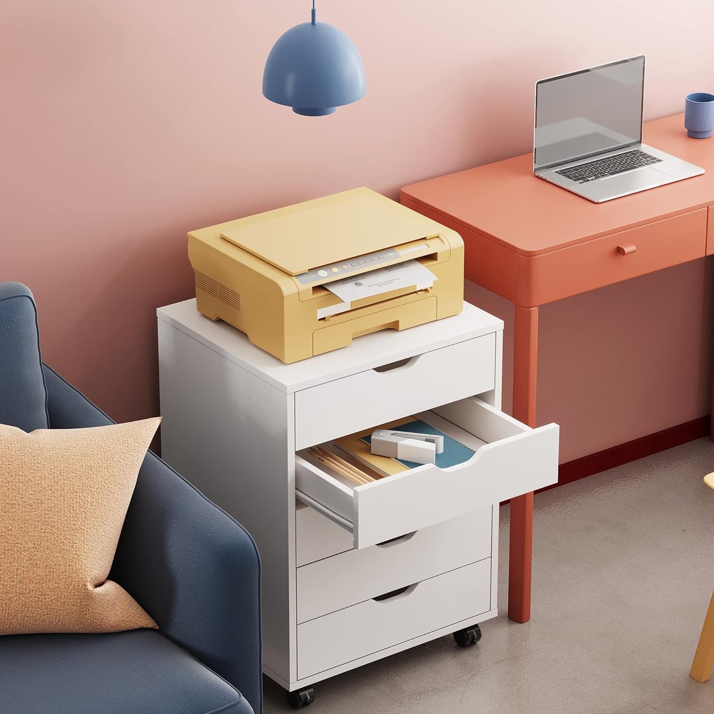 DEVAISE 5-Drawer Chest, Wood Storage File Cabinet with Wheels, White - Retail $99