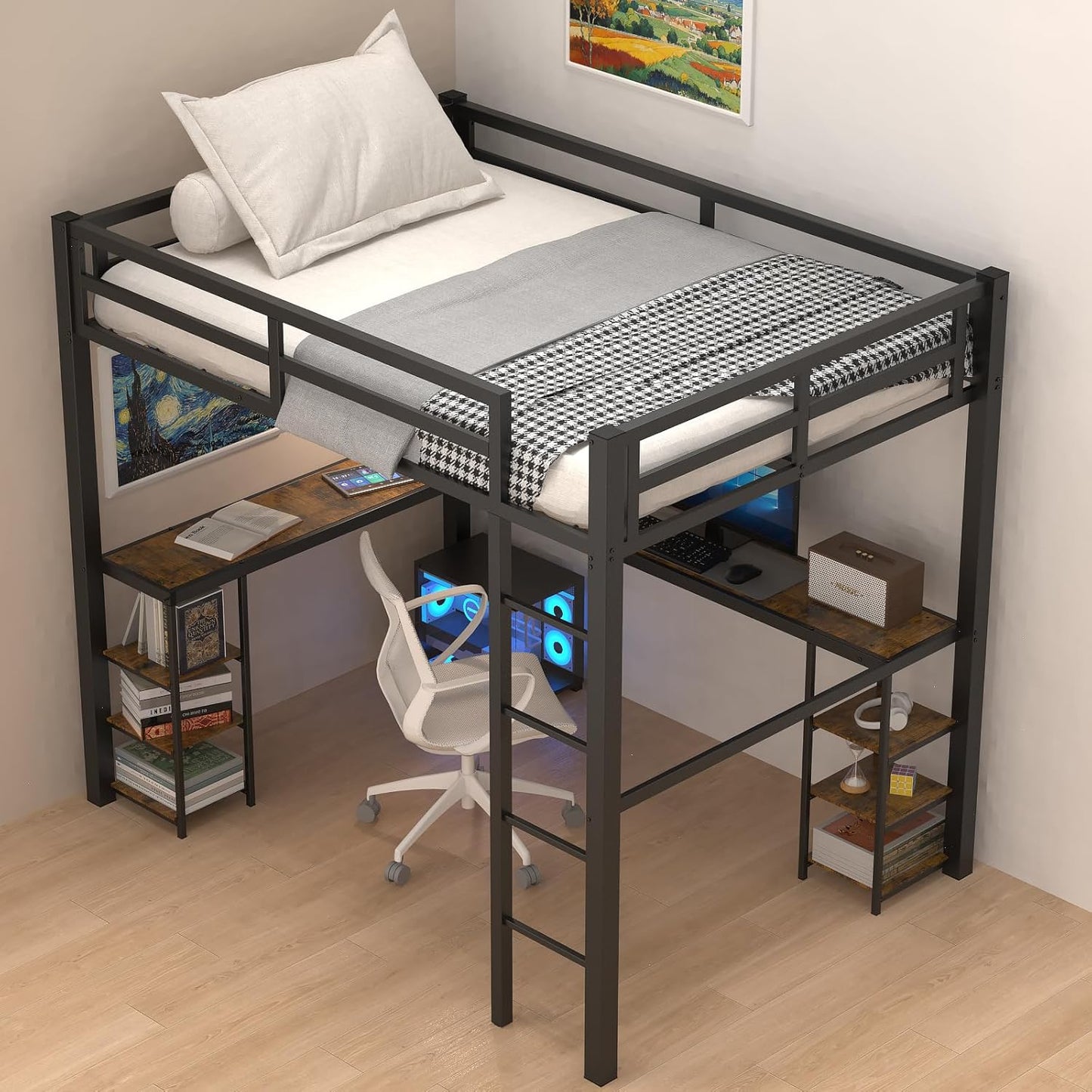 Heavy Duty Metal Full Size Loft Bed with Desk and Shelves, Loft Bed with Ladder and Guardrails, Loft Bed Frame for Bedroom, Black with Vintage Wood-Colored Desk and Open Storage Shelves