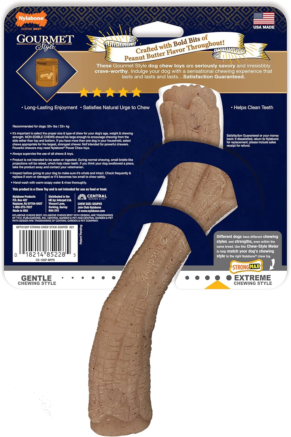 Nylabone Gourmet Style Stick Strong Chew Toy for Dogs, Peanut Butter Flavor, Medium - Up to 35 lbs, 1 Count - Retail $7