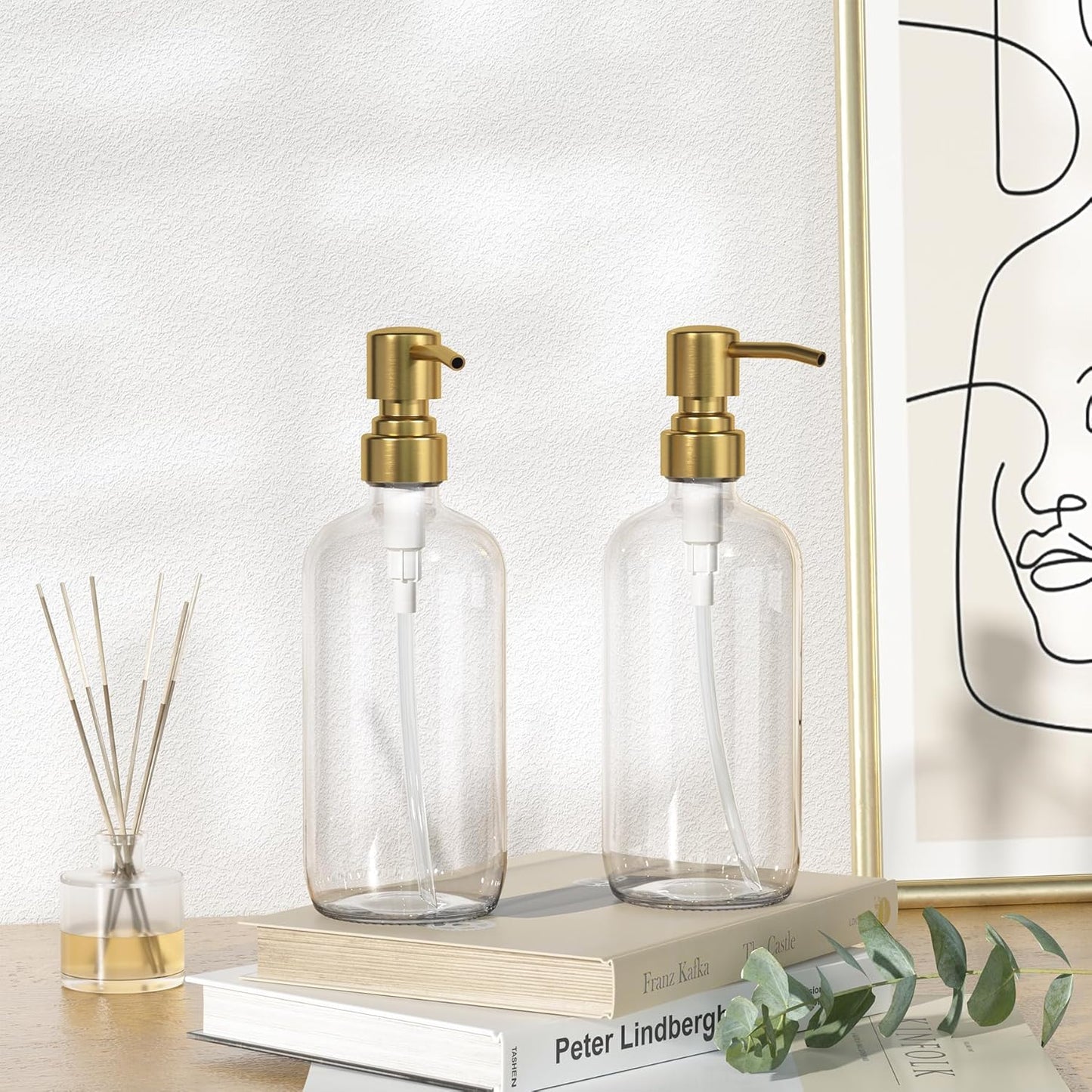 AmazerBath Soap Dispenser, 2 Pack Glass Soap Dispenser with Pump Stainless Steel, 17OZ