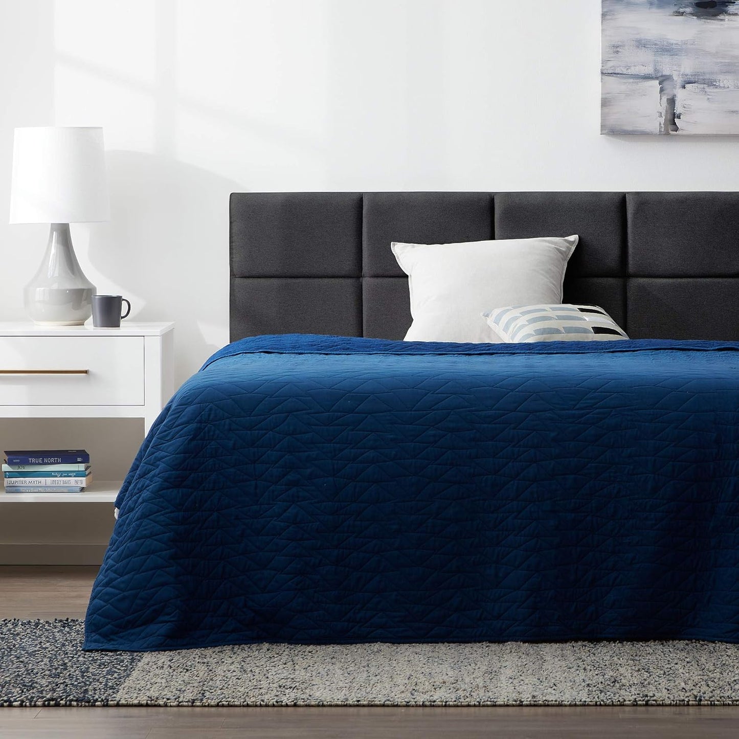 NEW - LUCID QUEEN Mid-Rise Square Channeled Upholstered Charcoal Attach Frame-Wall Mount Queen Headboard - Retail $118