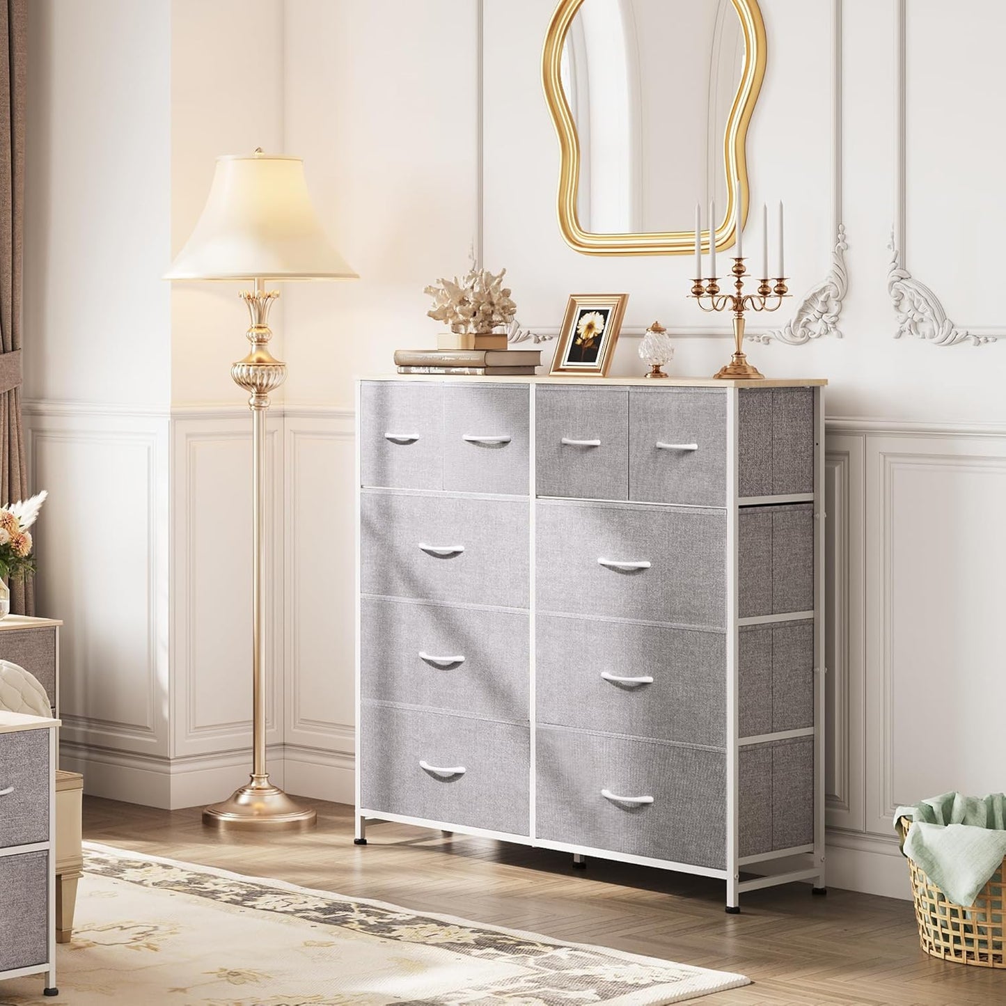 WLIVE Fabric Dresser for Bedroom, Dresser with 10 Drawers, Storage Tower with Fabric Bins, Double Dressers, Chest of Drawers for Closet, Living Room, Hallway, Light Grey - Retail $80