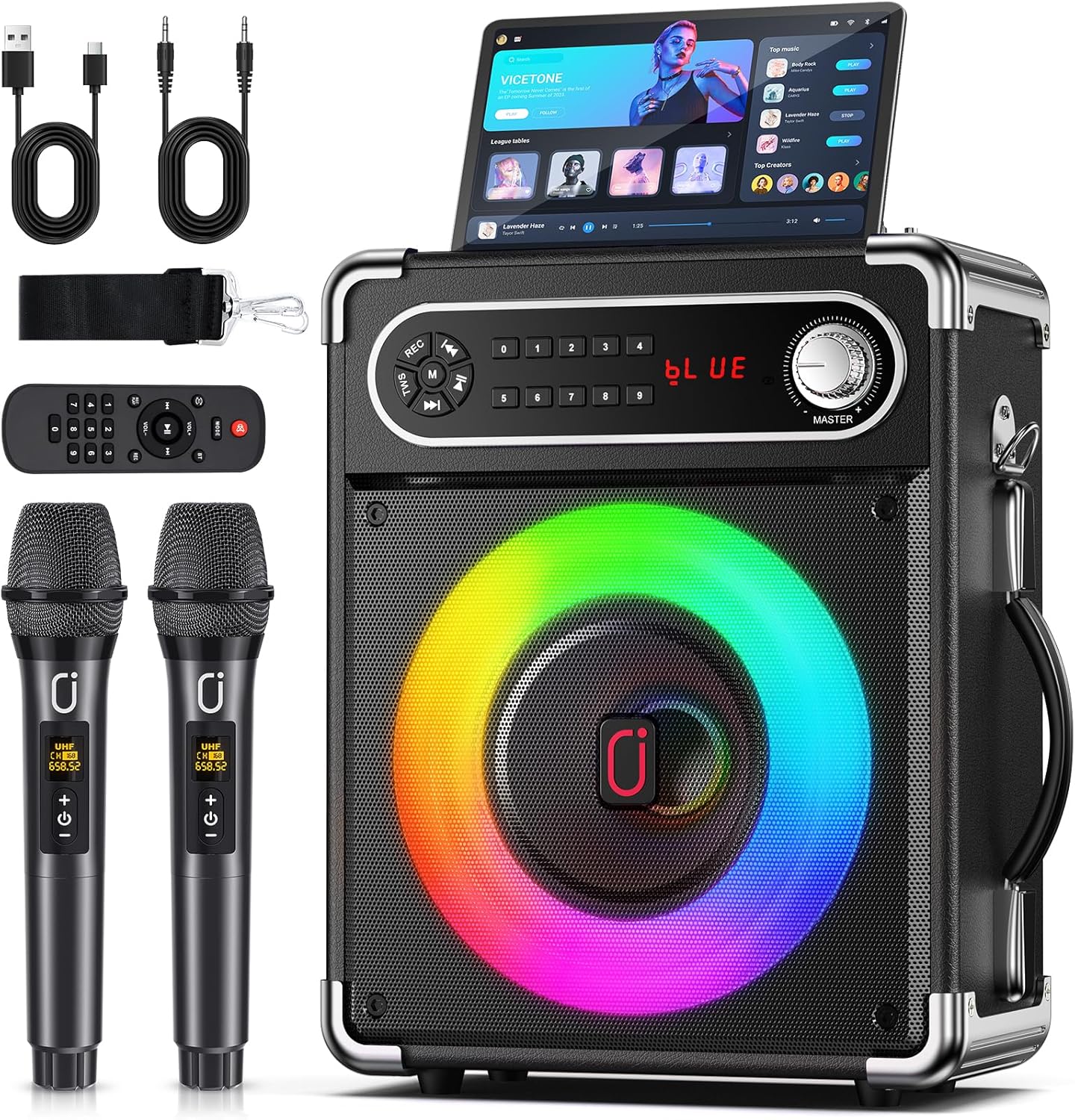 JYX Karaoke Machine, Portable Bluetooth Speaker with 2 Microphones for Adults, PA System with Bass/Treble Adjustment, Supports TF Card/USB, AUX in, FM, REC,TWS for Party-Black