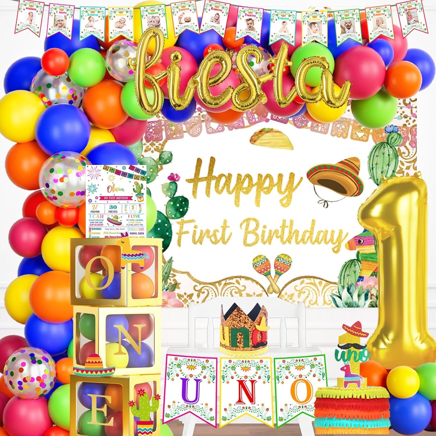 First Fiesta Birthday Decorations, Mexican Themed 1st Birthday Party Decorations, Cinco De Mayo Backdrop Balloon Garland Monthly Photo Uno Highchair Banner Box Cake Topper Crown Poster