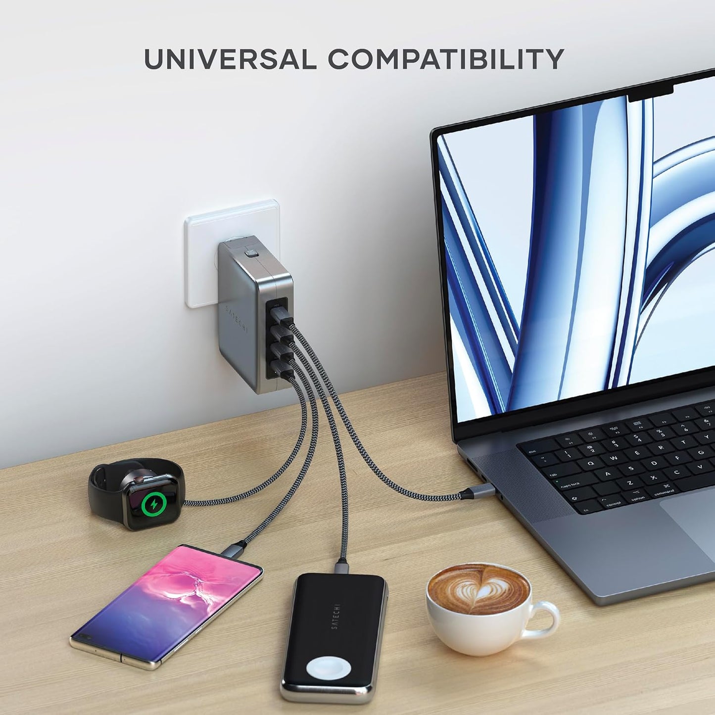 Satechi 145W GaN Travel Charger, 4-Port GaN USB C Charger, 2 USB-C PD 3.1, Fast Charging Travel Station for Laptop, for MacBook Air/Pro M5, iPad Air/Pro M5, iPhone 17 to 12 Series, Android, Windows