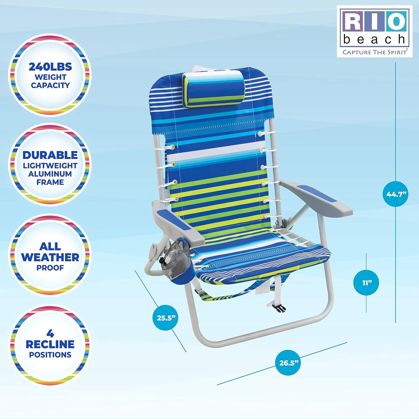 NEW - Rio Brands Beach 4-PRio Beach 4-Position Backpack Lace-Up Suspension Folding Beach Chair - Blue/Green Stripe , 24" x 24.75" x 33" - Retail $57